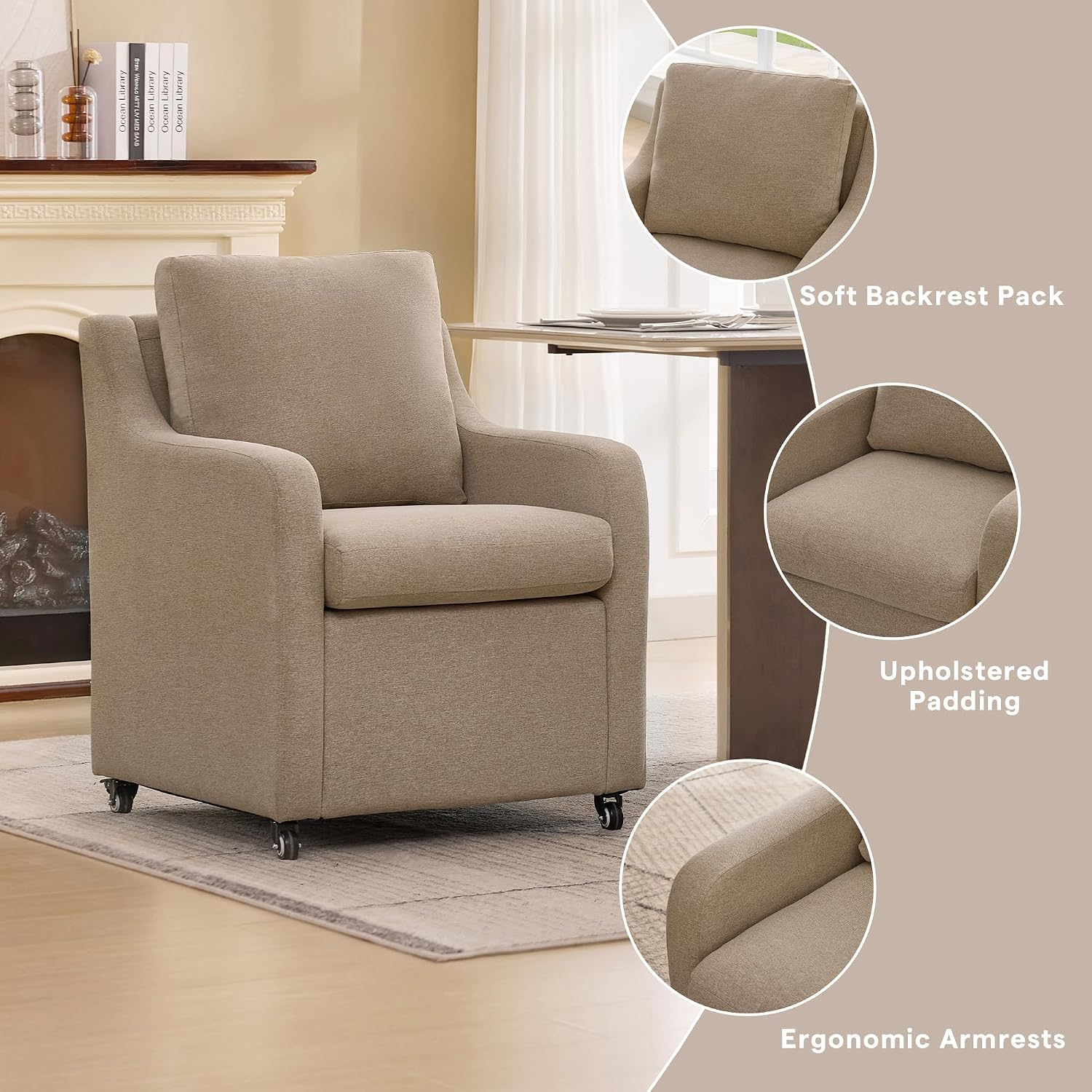 Rolling Dining Chairs with Wheels Set of 4, Upholstered Modern Armchairs with Casters for Kitchen,Dining Room (4, Fabric Camel)