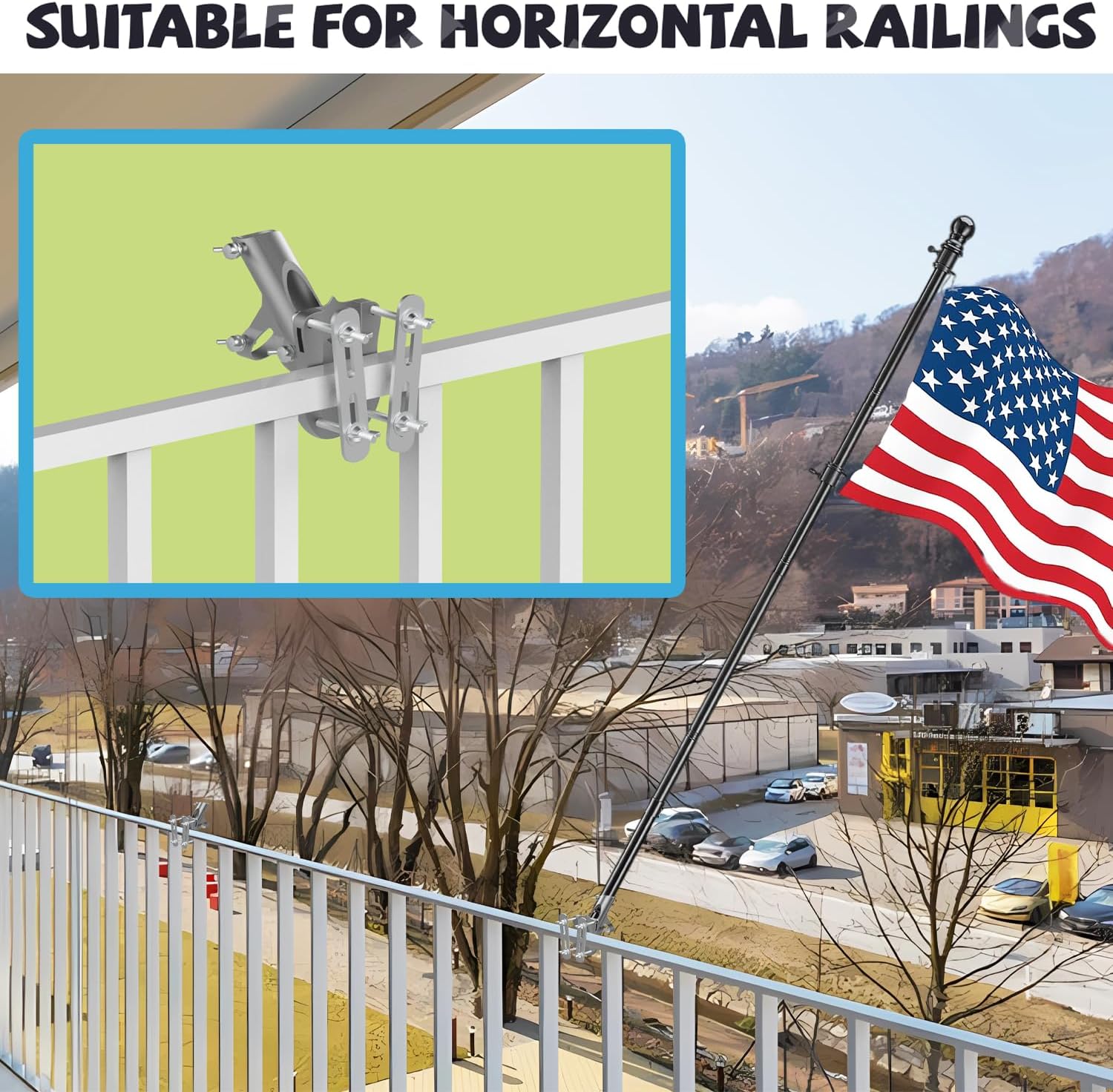 NO Drilling FlagPole Bracket For Horizontal or Vertical Railing | Aluminum Flag Pole Holder For Square or Round Railing, Wall - Two Installation Methods - Rust Free Bracket, for 1" Diameter flagpole