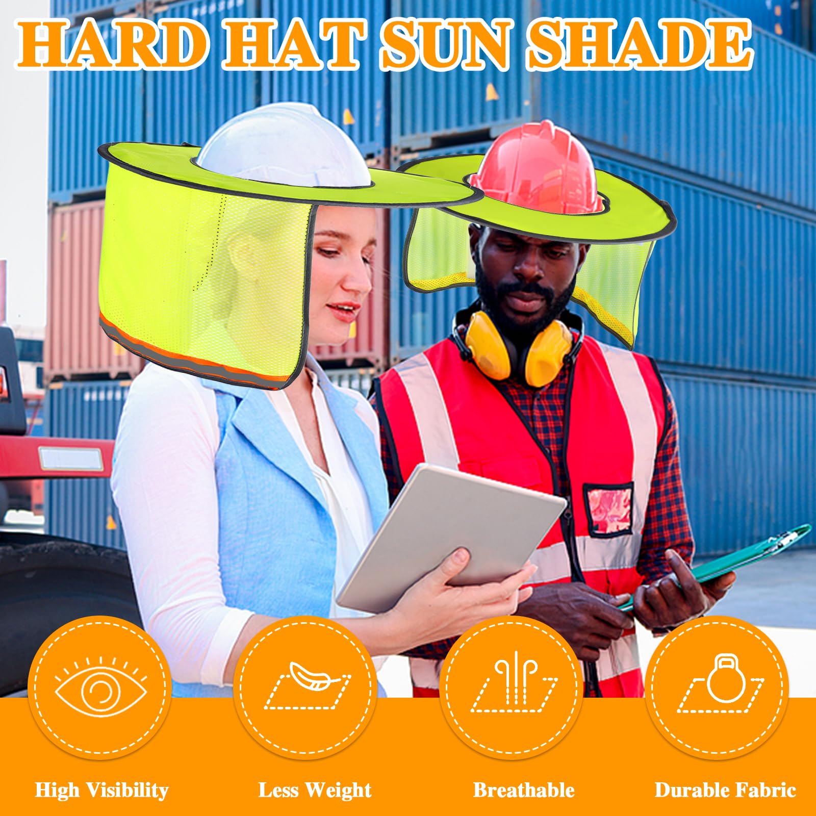 Paquete de 15 parasoles para casco duro, visera de ala completa, protector de malla para el cuello, visera de ala completa con tira reflectante, casco duro no incluido