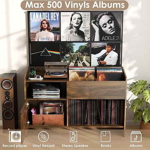 Miniatura 8 de Soporte grande para tocadiscos con almacenamiento de vinilo, armario de almacenamiento de discos con estación de carga, mesa de tocadiscos con