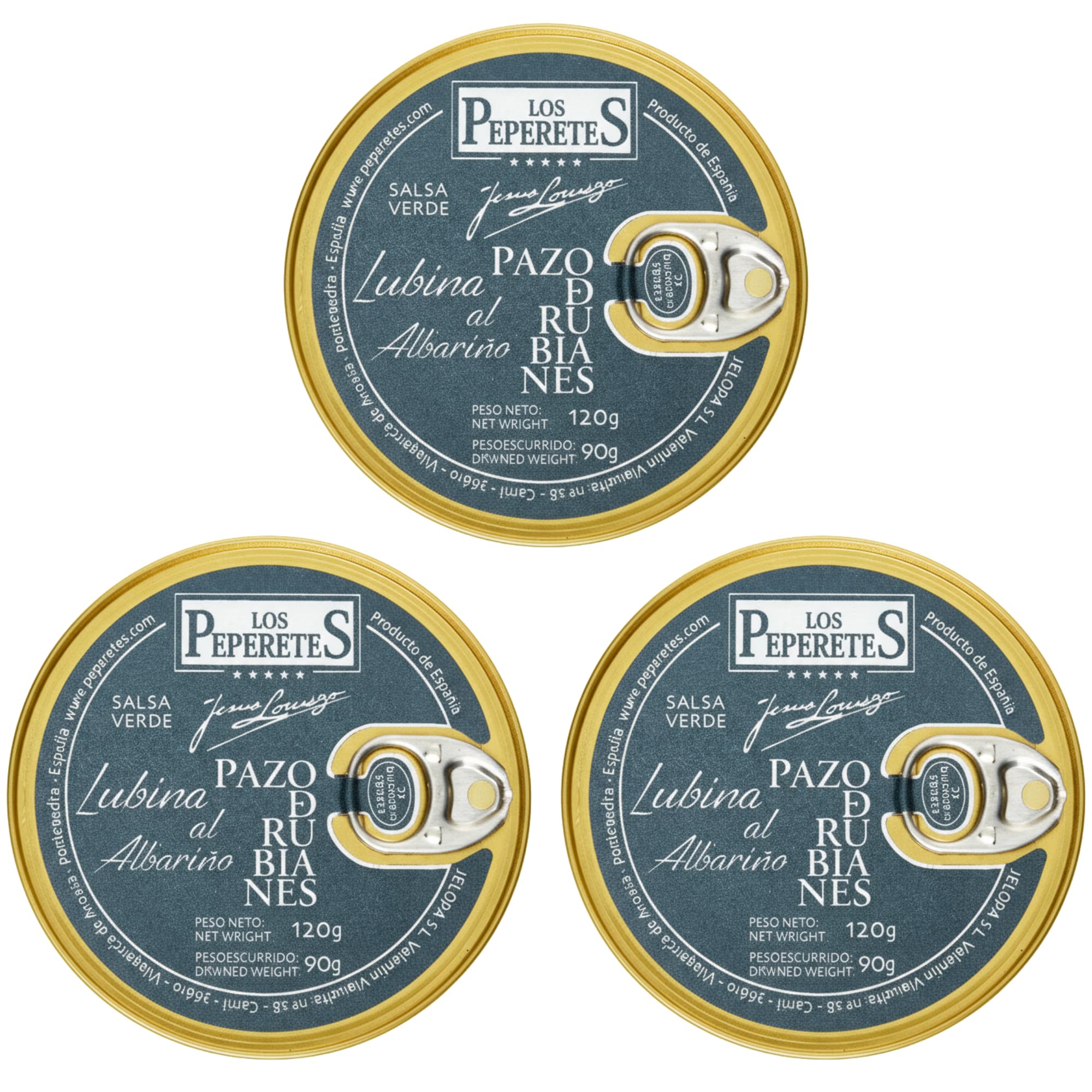 LOS PEPERETES x3 Lata Lubina Seebarsch in Albariño-Sauce 120 g | Galicische Gourmet-Konserve | Weißfisch in Weinsauce | Handwerkliche Herstellung