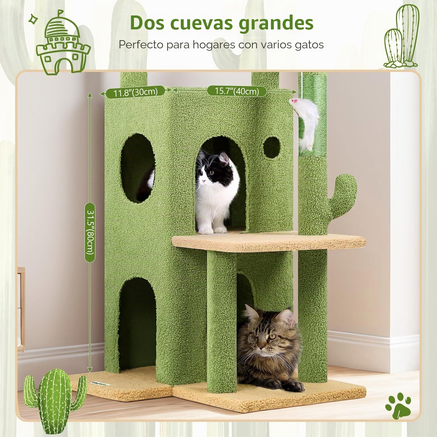 Globlazer Árbol Rascador Cactus Verde con 2 Nidos, Plataformas Acolchada, Felpa Gatos Juquetes, Estable Rascador Fácil de Escalar Grande Gato Viejo Gatitos Descansar Jugar Interior (FC50, Verde)