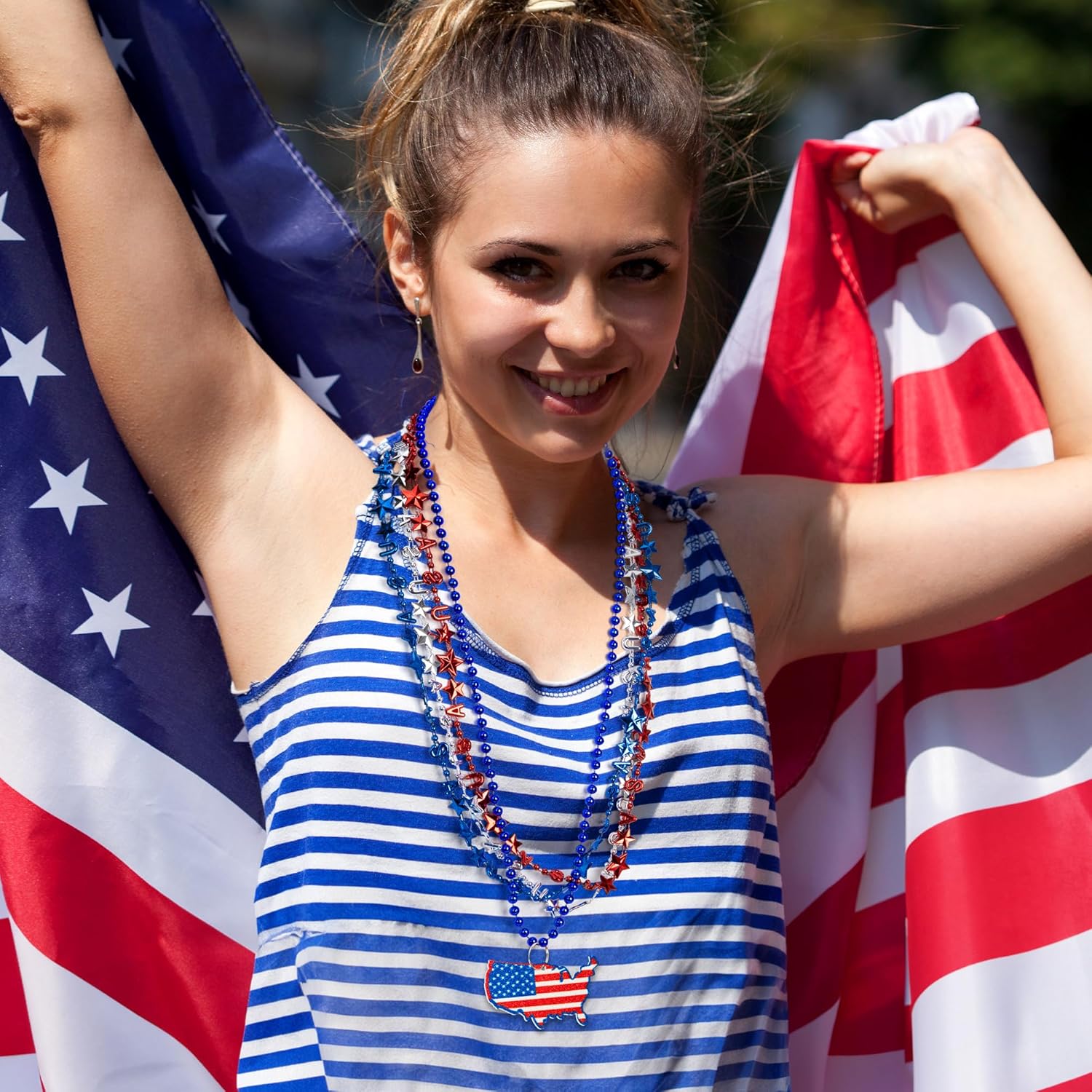 EOBOH 4th of July Party Favors, 120PCS Patriotic Beads Necklaces, Metallic Patriotic Independence Day Red Blue White Necklace USA Hat Flags Pendant, Necklace for Memorial Day Parades Party Favors