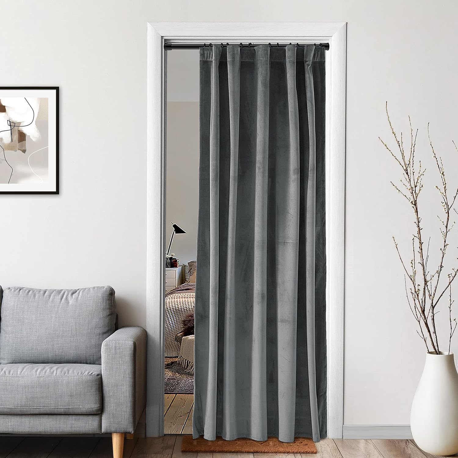 Grey Velvet Blackout Curtains for 48 x 80 Inch Bedroom Door/Doorway/Closet/Studio,Thermal Insulated Room Darkening Rod Pocket Black Tab Window Treatments Long Curtain Drapes for Living Room,Gray
