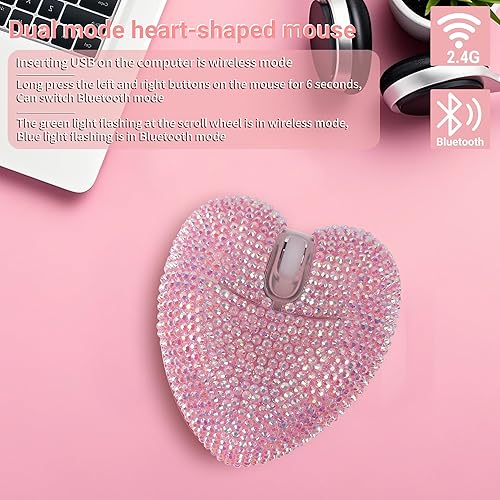 Miniatura 7 de elec Space Ratón Bluetooth inalámbrico, recargable silencioso y elegante en forma de corazón para computadora portátil, PC, alcance de 32.8 ft (rosa)