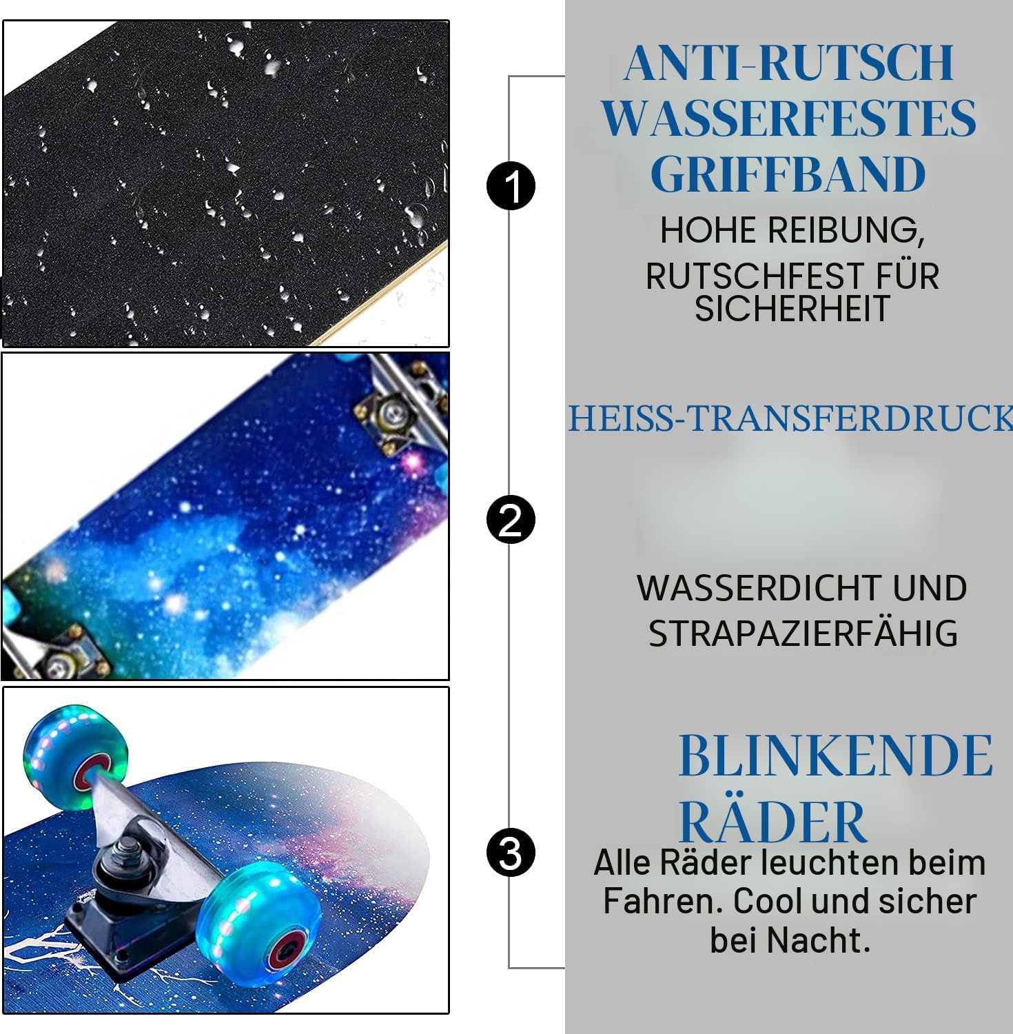 Skateboard Komplett 78,7 x 20,3 cm 9 Schichten Kanadisches Ahornholz Blinkende Räder Blau