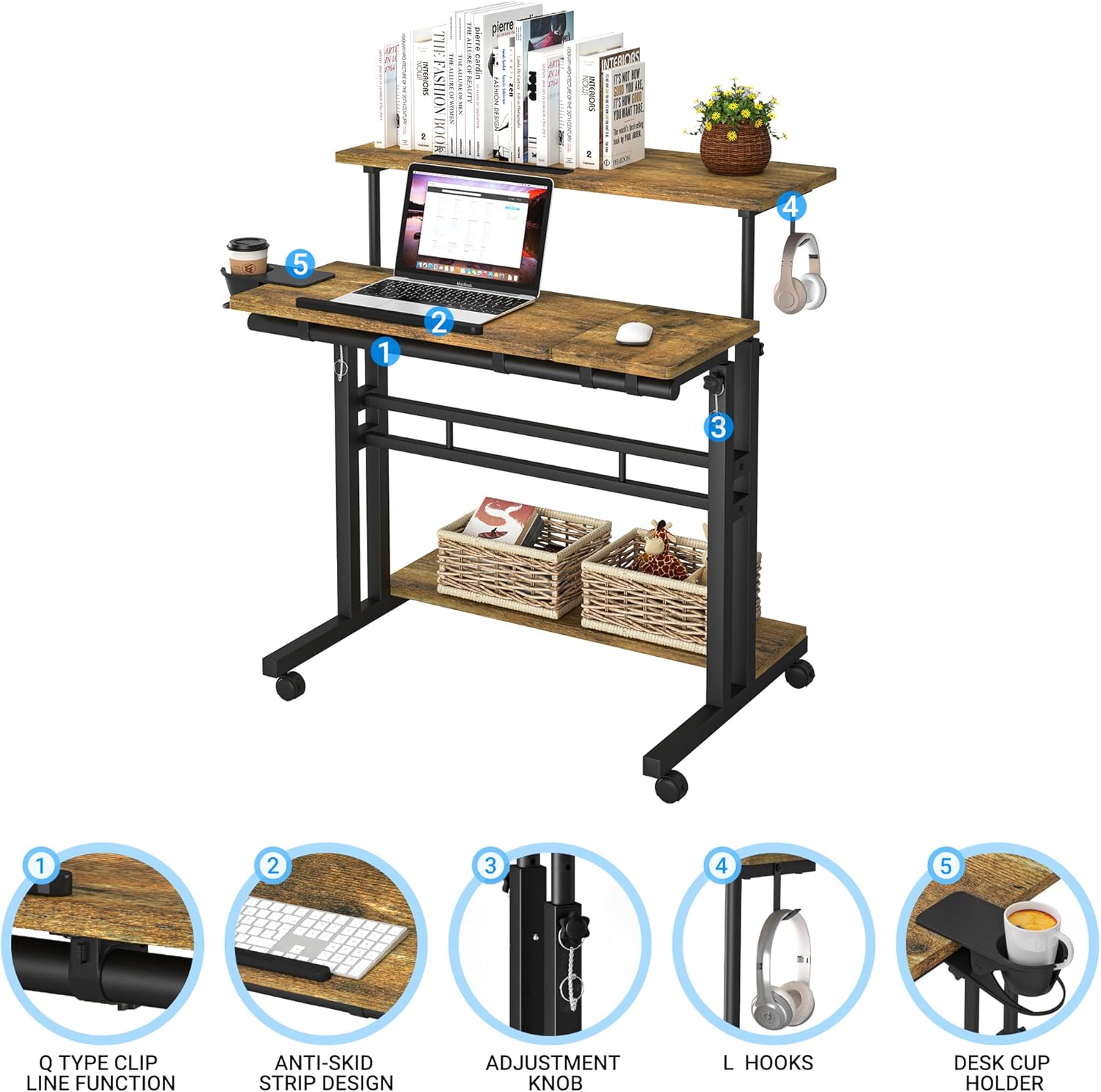 Mobile Standing Desk, Adjustable Rolling Computer Desk with 3 Desktops, Portable Laptop Table with Cup Holder, Home Office Laptop Workstation on Lockable Wheels, Black, Rustic Brown - Image 6