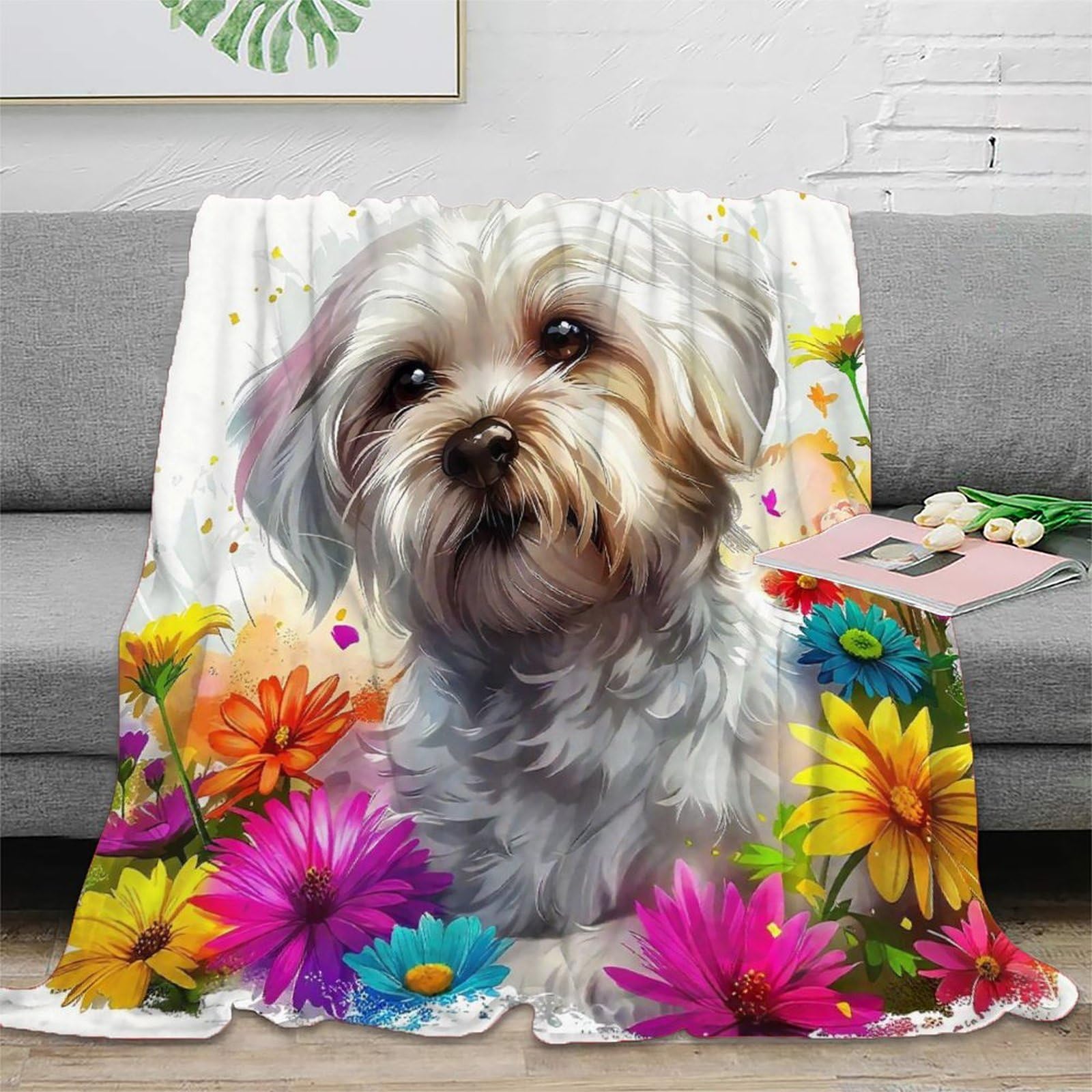 Couverture chien 3D douce et chaude en microfibre peluche pour canapé et lit - 127x152 cm