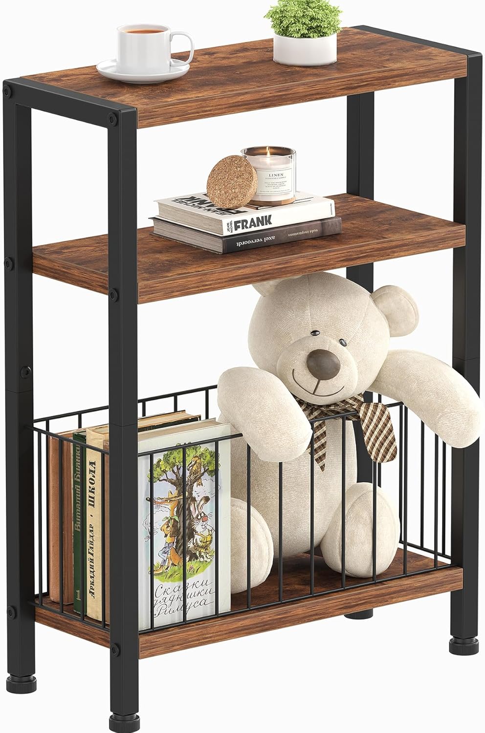 Heybly Small Narrow Side Table for Small Space, Thin Bedside Table with Storage Basket, Skinny End Table, Slim Nightstand, Couch Table for Living Room, Bedroom, Study, Balcony, Rustic Brown, HET007SR1