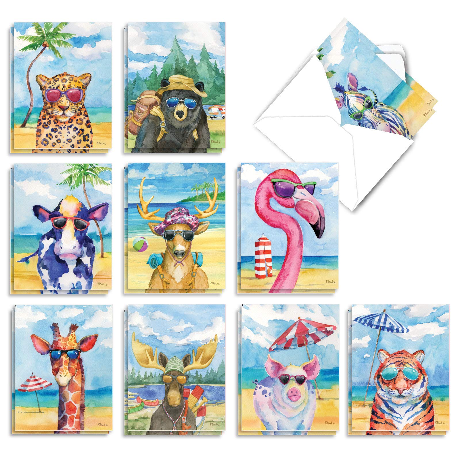 The Best Card Company - 20 Assorted Bulk Wildlife Whimsical Greeting Cards Boxed Set (4 x 5.12 Inch) Wildlife Variety Notecards for Kid (10 Designs, 2