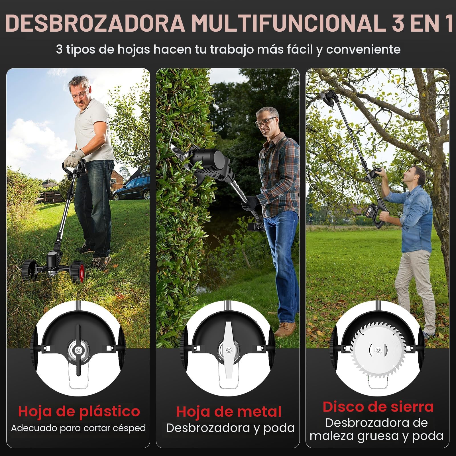 Desbrozadora Bateria 21V, Desbrozadora Electrica con 2 x 3.0Ah Baterías y 3 Cuchillas, Ruedas Desmontables, Varilla Telescópica, Cortacésped de Batería Plegable para Recortar Césped y Arbustos