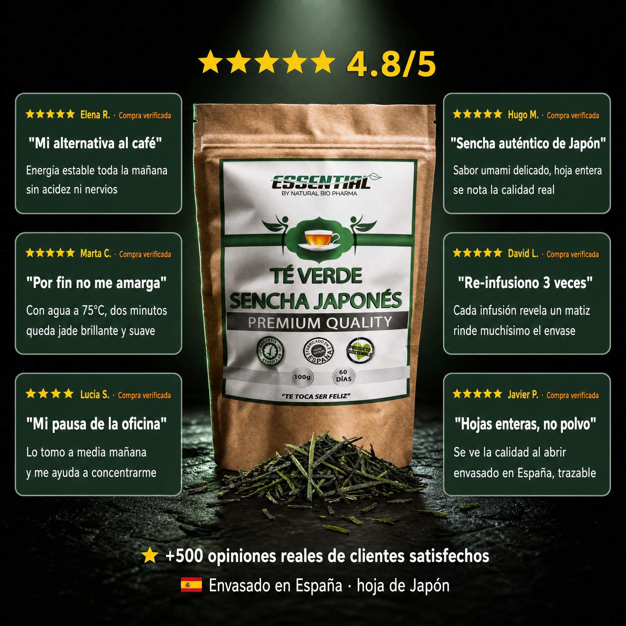 Té Verde Sencha Japonés 100% Natural y Orgánico. Potente Quemagrasas con Efecto Adelgazante y alto contenido de Antioxidantes (refuerza tu Sistema Inmunológico). Detox Té.