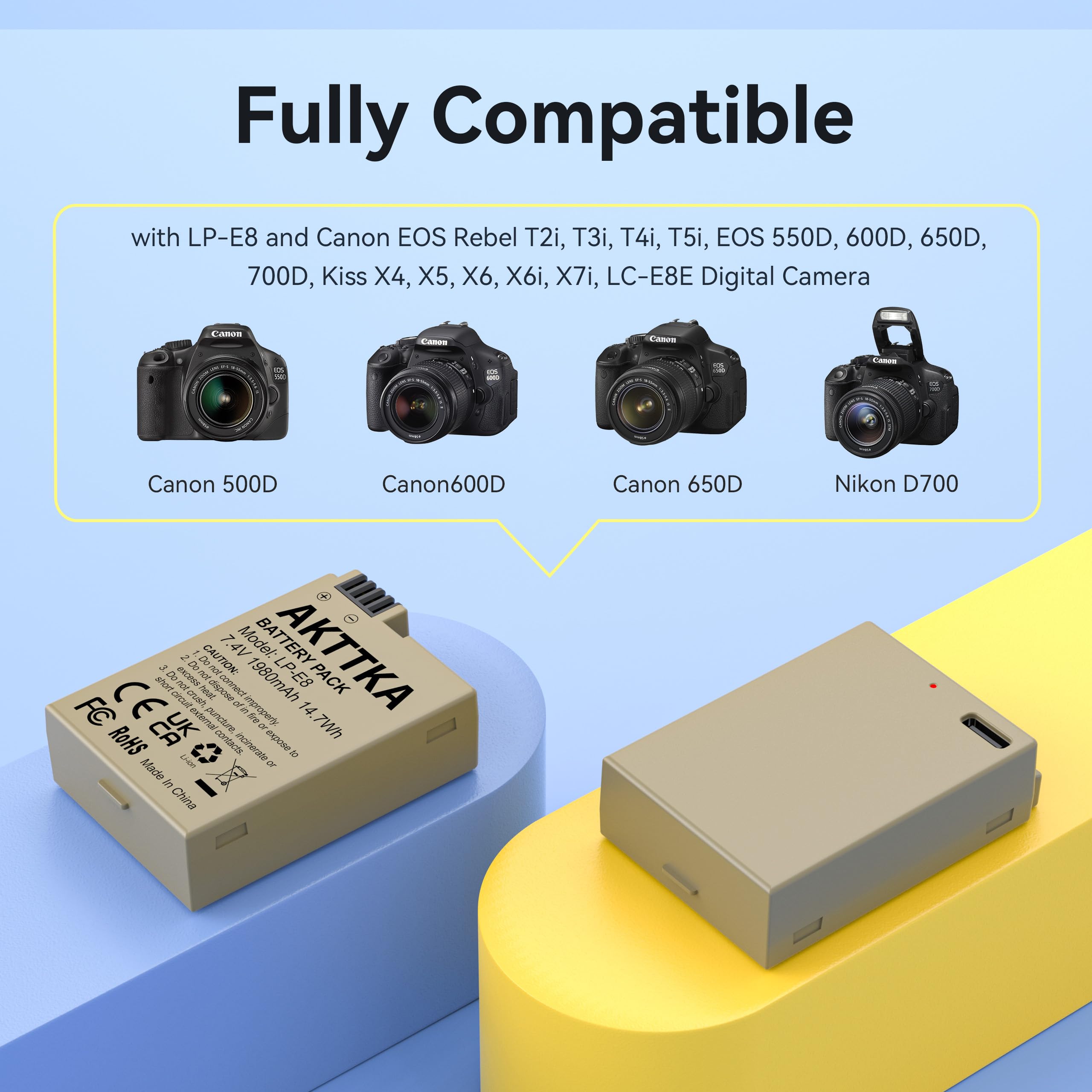 LP-E8 - Batería de Repuesto para cámara Digital Canon EOS Rebel T2i, T3i, T4i, T5i, 550D, 600D, 650D, 650D, 700D, Kiss X4, X5, X6, LC-E8E, Color Negro