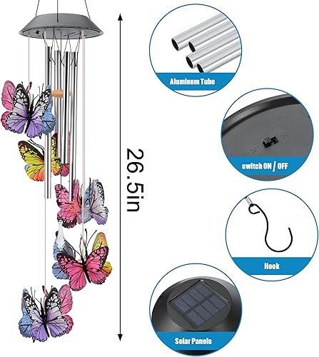 Miniatura 2 de Campanillas de viento solares de mariposa, cambio de color, para exteriores, alimentadas por energía solar, 9.5 x 5.25 x 2 pulgadas