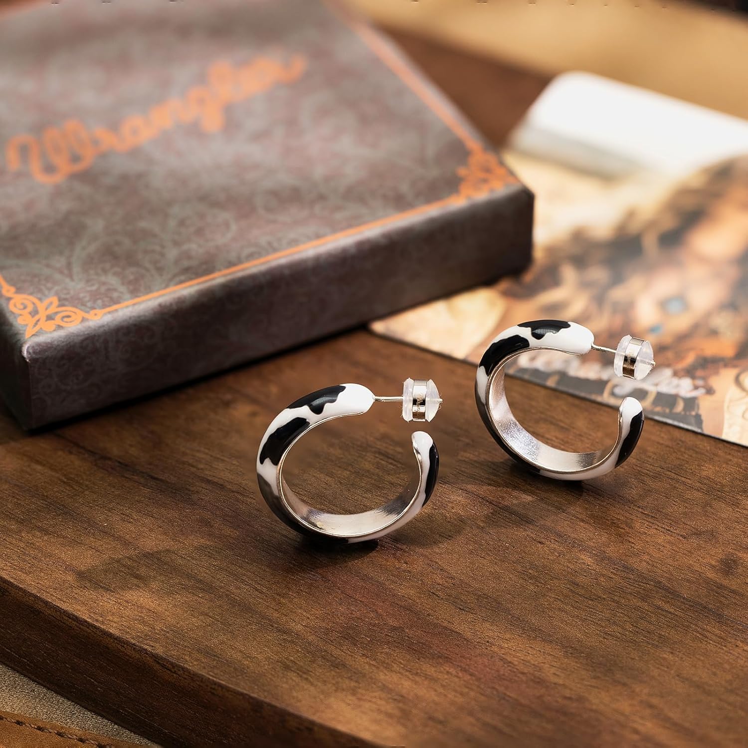 Montana West x Wrangler Western Hoop Earrings for Women Cowgirl Chunky Cow Print Huggie Country Statement Jewelry