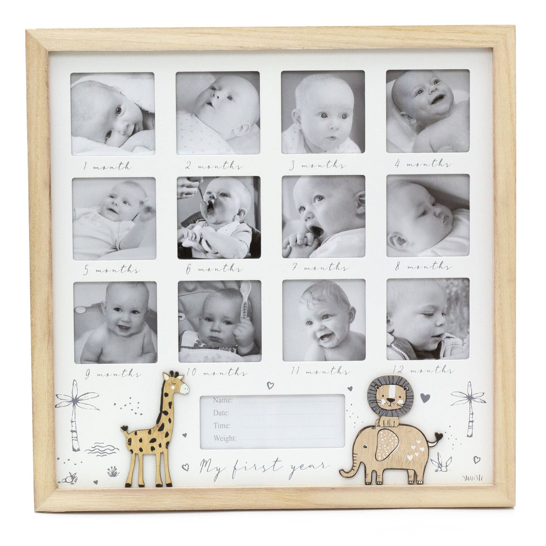 My First Year Keepsake Baby Photo Frame | Wooden Wall Mounted Newborn Baby Picture Frame | 12 Aperture New Baby Memories Photo Frame