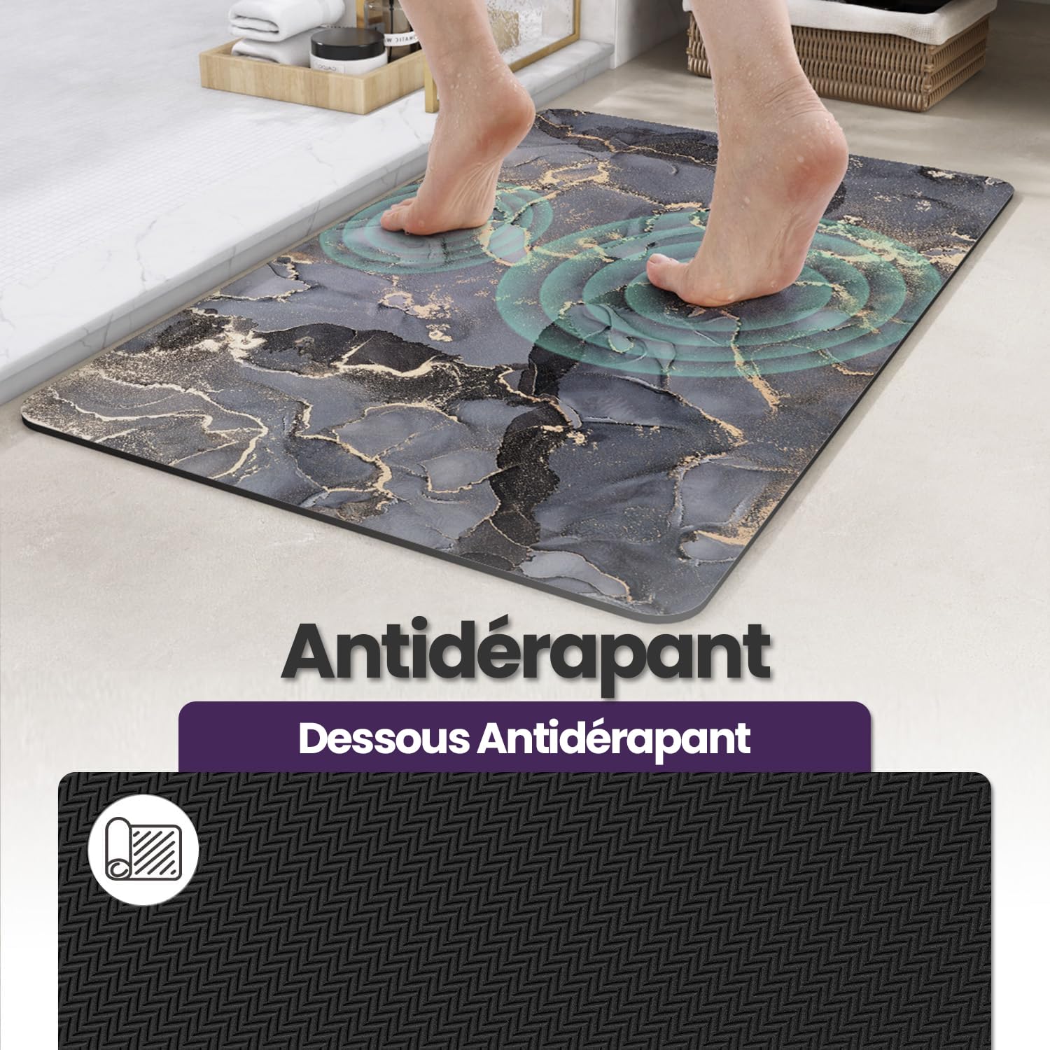 DEXI Tapis de Bain Antidérapant 60 x 110 cm, Super Absorbant, Sèche Rapide, Ultra Mince, Facile à Nettoyer, pour Portes de Salle de Bain, Baignoire, Douche, Gris foncé