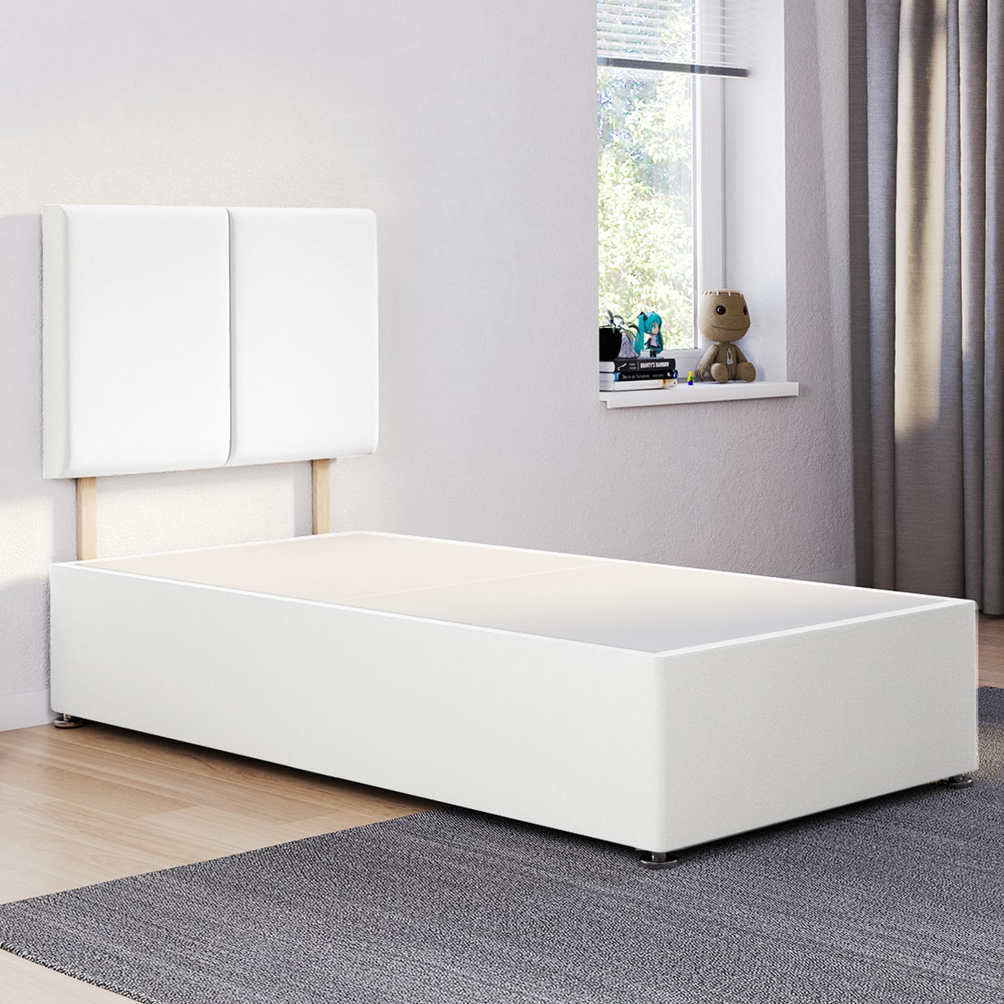 ComfoRest - Elegant 3FT Single Divan Bed Base with Deux Headboard | Compact Frame for Versatile Spaces | Great for Guest Use, Student Living or Spare Rooms – No Mattress, No Drawers (White Plush)