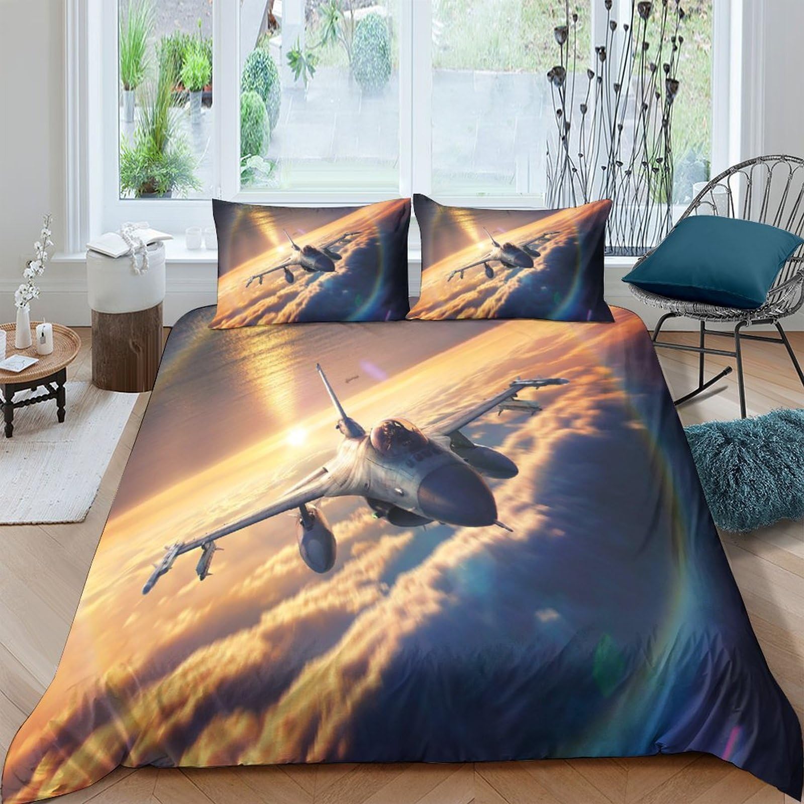 Ctjqhvkz Style-8 3D Printed Sunset Clouds Fitted Sheet Microfiber Soft Breathable Airplane Bed Cover For Bedroom Guest Room Decor Single（135X200cm）