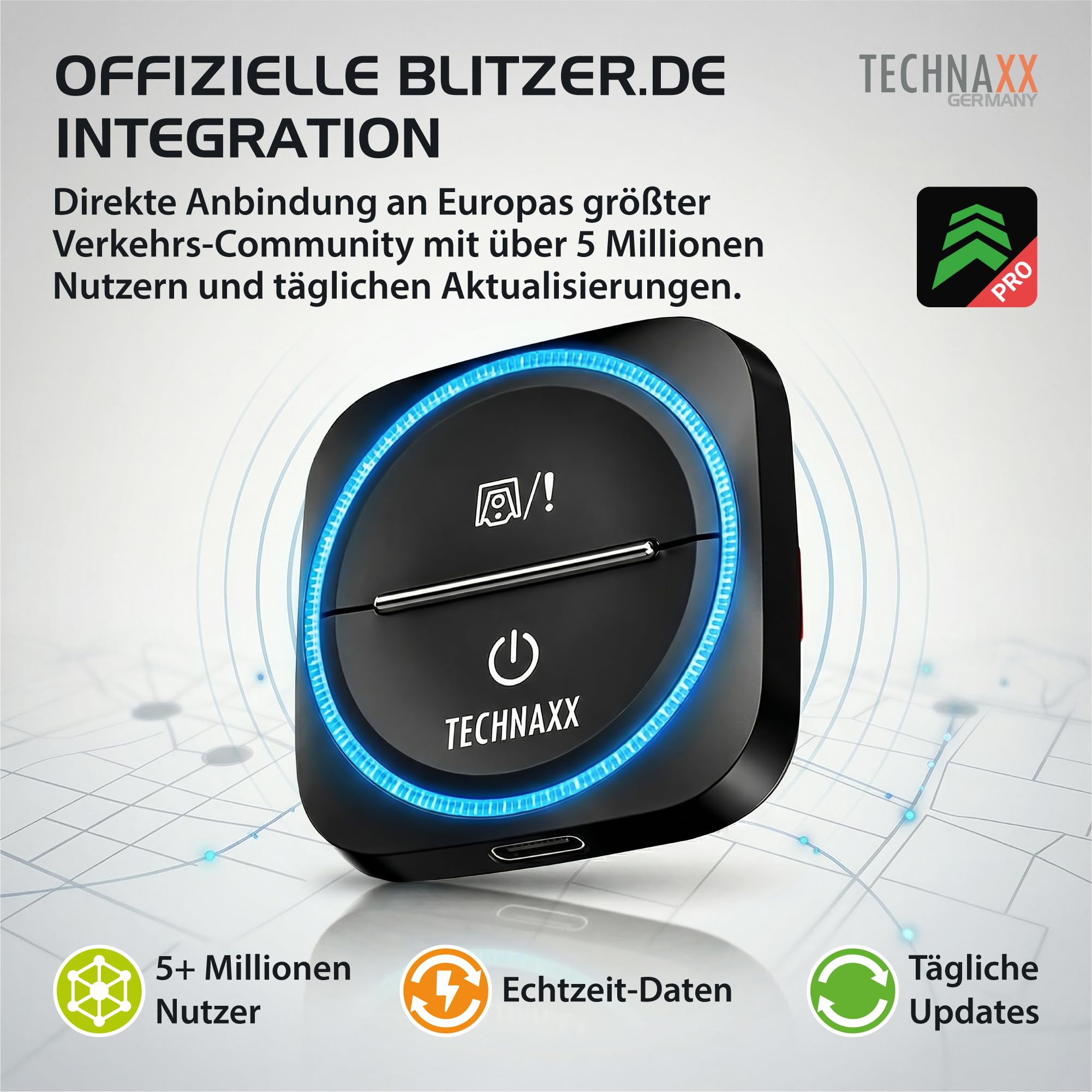 Technaxx Verkehrswarner mit Blitzer.de – Straßenverkehrswarner mit Gefahren- & Geschwindigkeitswarnung, LED-Benachrichtigung, Auto-Aktivierung, kompatibel mit Apple CarPlay & Android Auto - TX-387
