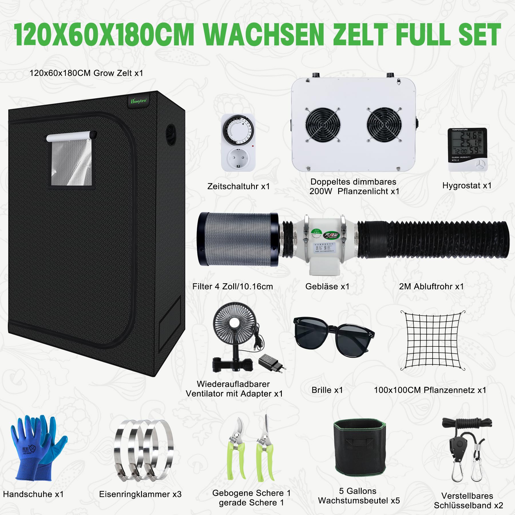 Growzelt Komplettset 200W LED Grow Lampe Vollspektrum 120x60x180cm Hydroponics Growing Tent Kit Belüftungssystem