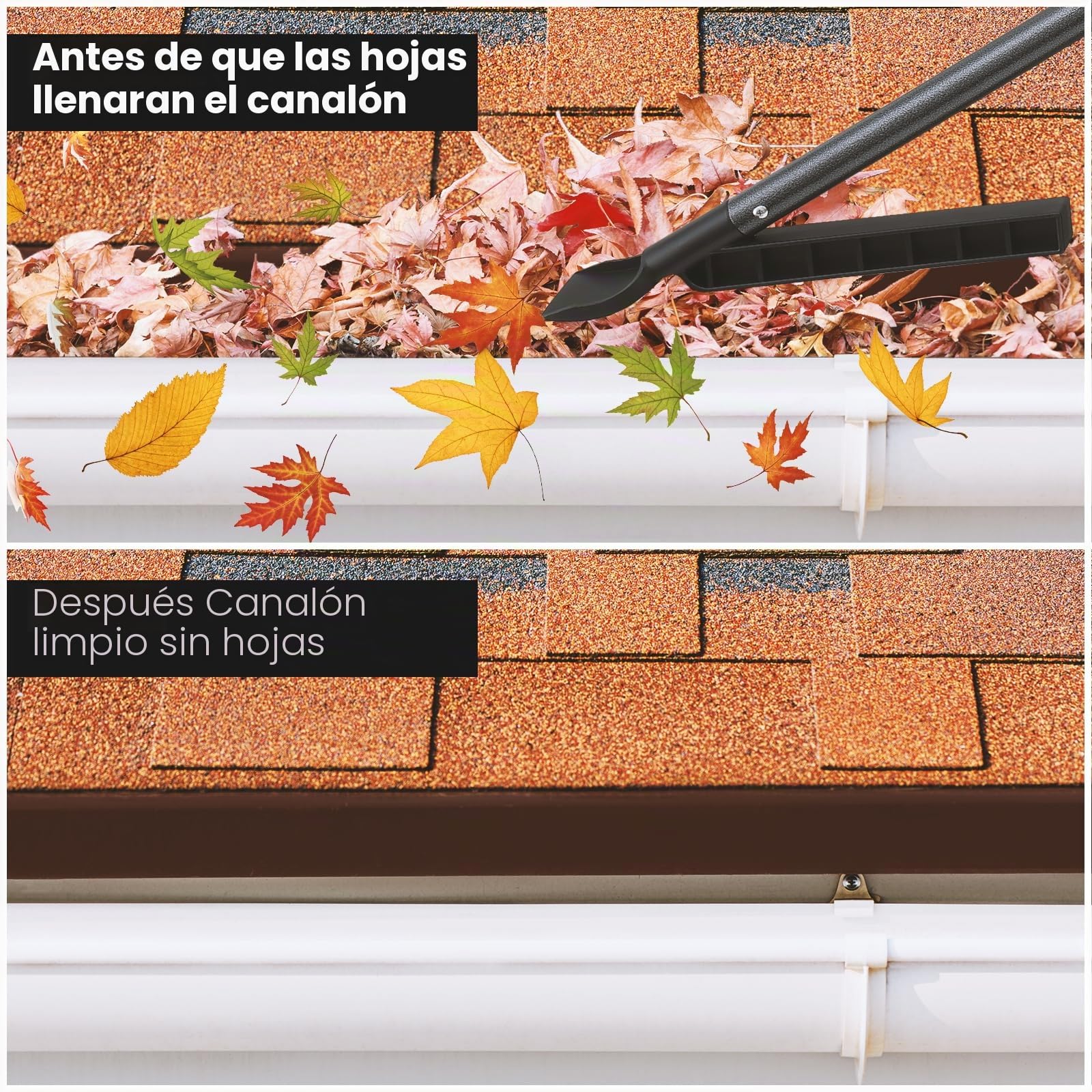 Herramienta de limpieza de canalones con poste extensible de 235 cm, herramienta de limpieza de canalones de lluvia, cuchara y recogedor para limpieza de hojas de canalones de techo
