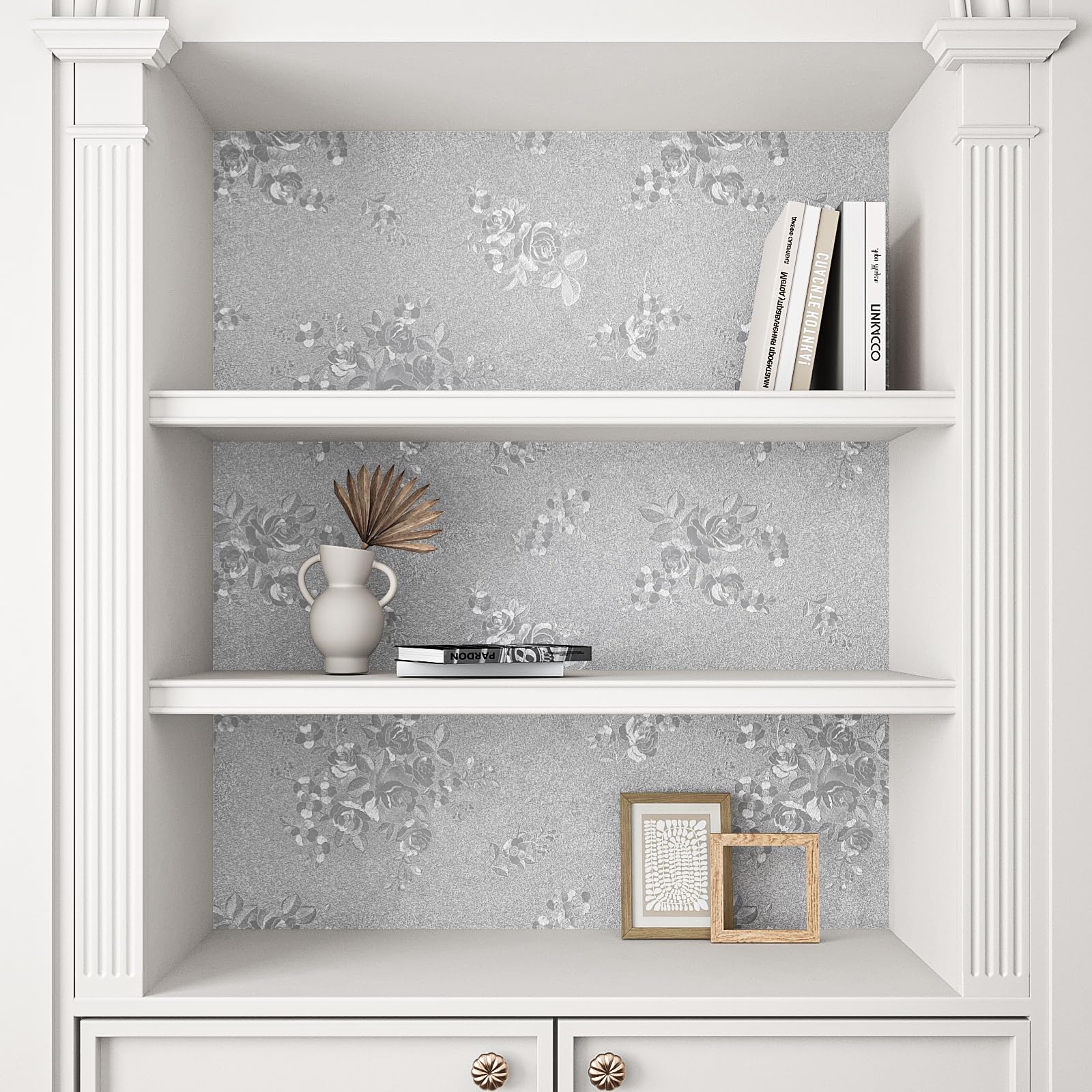 VEELIKE Vintage Silver Grey Wallpaper Textured Rose Contact Paper Embossed Floral Wallpaper Patterned Sticky Back Plastic Grey Vinyl Wrap for Furniture Sticker Removable Bedroom Hallway 40cm×300cm - Image 4