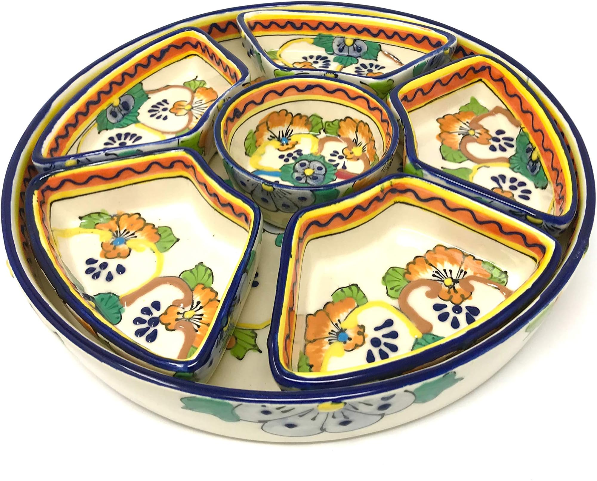 12 inch Mexican Talavera Ceramic Taco Platter with Six Nesting Salsa Bowls