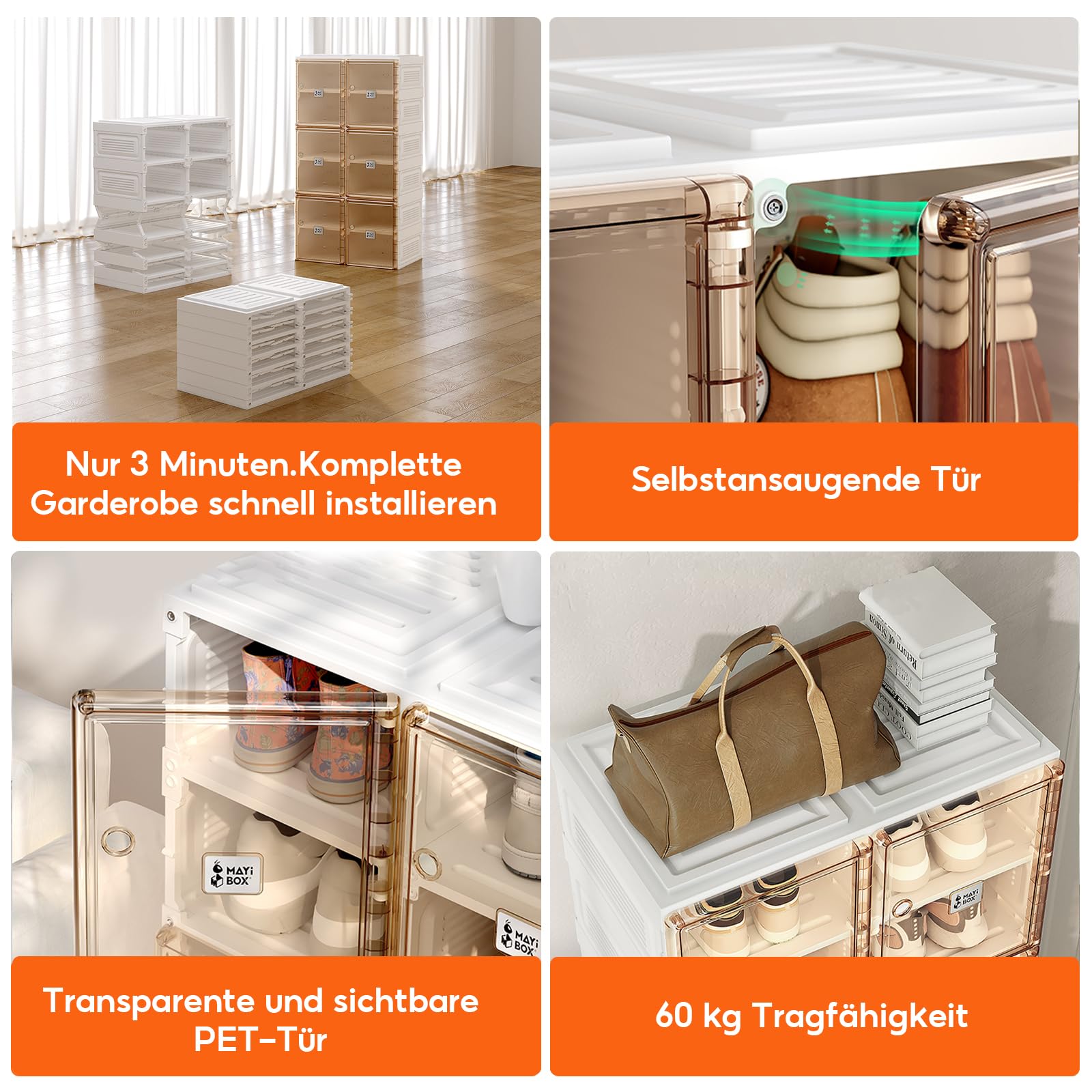 Transparente schuhregal,schuhboxen stapelbar Braun, mit magnetischer Tür, für Stöckelschuhe, Stiefeletten, Pumps