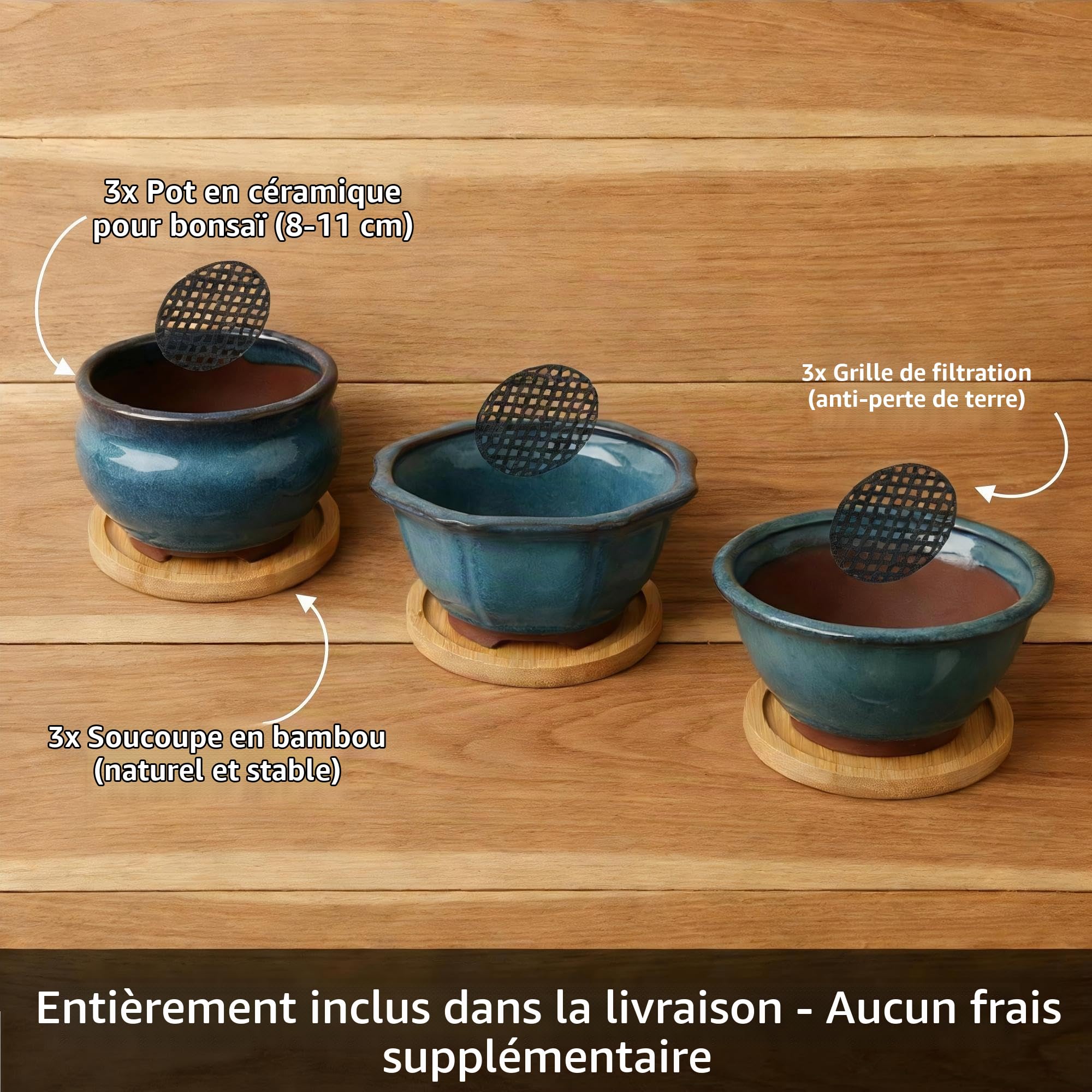 Lot de 3 Pots à Bonsaï en Céramique Émaillée avec Trous de Drainage, Grilles Filtrantes & Plateaux en Bambou| Design Japonais Traditionnel | Idéal Plantes Intérieures & Décoration