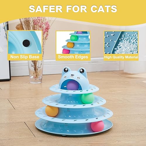 Miniatura 4 de Gefryco Juguetes para gatos de 4 niveles, torre giratoria para gatos con bolas de persecución coloridas, juguetes interactivos de varios niveles
