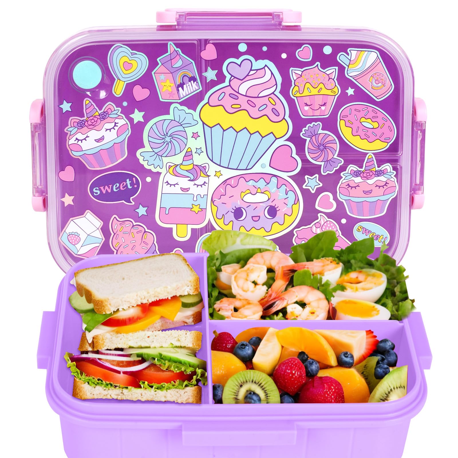 PinkSheep Bento Lunch Boxes for Kids, 1200 ml BPA-Free Leak-Proof Children Food Containers with 3 Compartments for Boys Girls (Dessert)