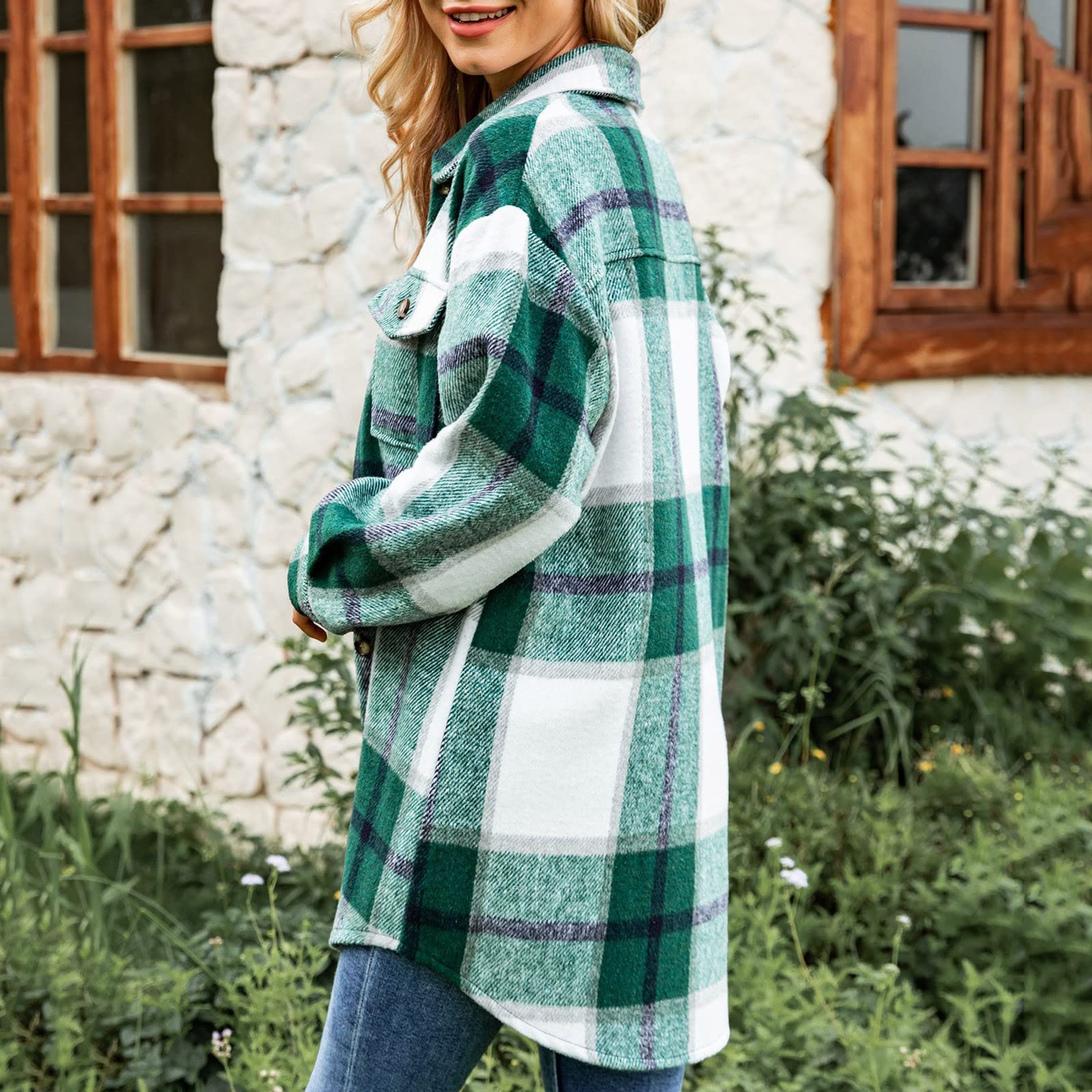 Flanellhemd Damen Kariert, Hemdjacke Damen Gefüttert Mit Taschen Shacket Mantel Casual Übergangsjacke Revers Freizeitjacke Knöpfe Blazermantel Elegant Wolljacke Windbreaker Trachtenhemd