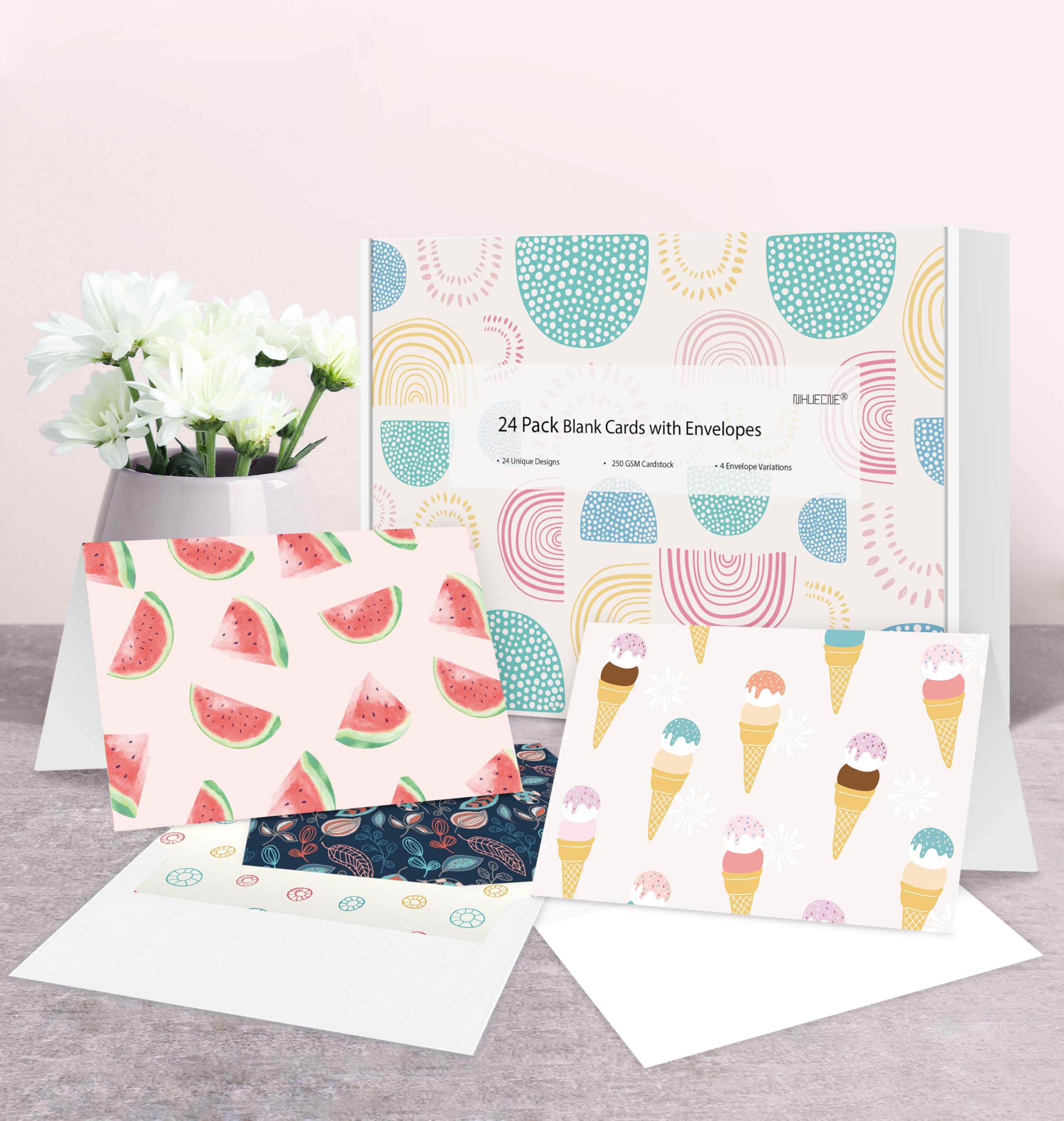 Paquete de 24 tarjetas de felicitación en blanco para todas las ocasiones, tarjetas de felicitación en caja de 4 x 6 pulgadas con sobres autoadhesivos, 24 diseños únicos, sin repeticiones