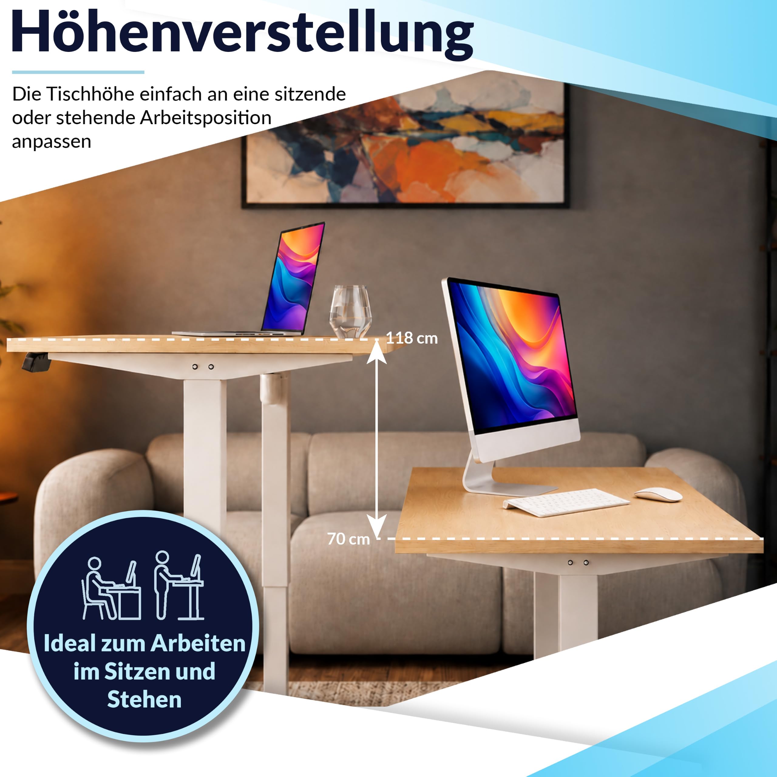 POKAR Höhenverstellbarer Schreibtisch Elektrisch 120x80 cm | Massive 25mm Platte | Memory-Panel mit USB-C und USB-A | Steh-Sitz-Tisch für Home Office | Gestell Schwarz, Platte Sonoma Eiche