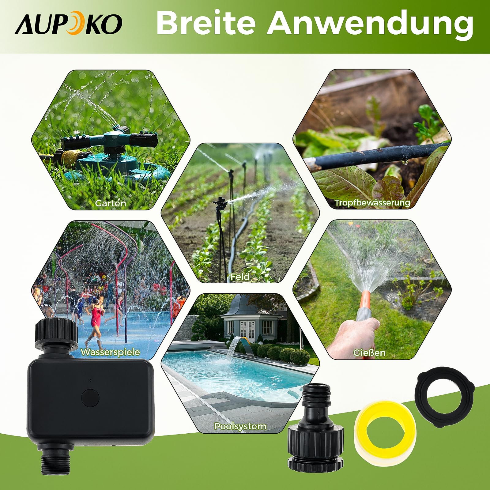 Aupoko Smart Bewässerungsuhr mit Bluetooth & App Steuerung – Bewässerungscomputer mit IP55 Schutz, 2 Bewässerungsmodi, Regenverzögerung für Garten, Landwirtschaft & öffentliche Grünflächen