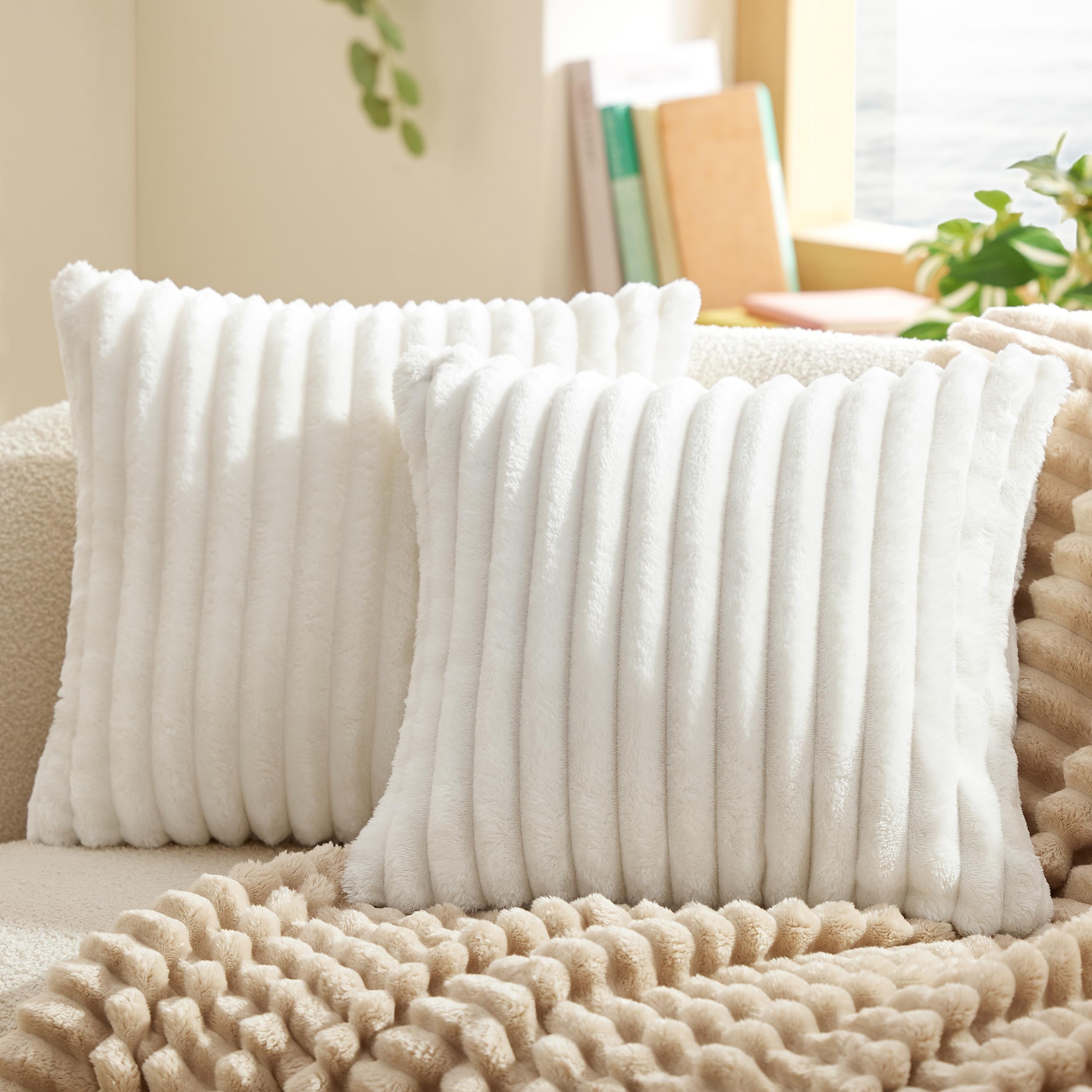 Bedsure White Throw Pillow Covers 18x18 Set of 2, Soft Decorative Fluffy Striped Sofa Pillow Covers, Home Decor for Living Room Couch BedOEKO-TEX STANDARD 100