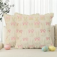 AVOINcolorlife Easter Bunny Beige Embroidered Faux Fur Throw Pillow Covers 18x18 Inch Set of 2 - Soft Plush Jacquard for Sofa Couch Decor