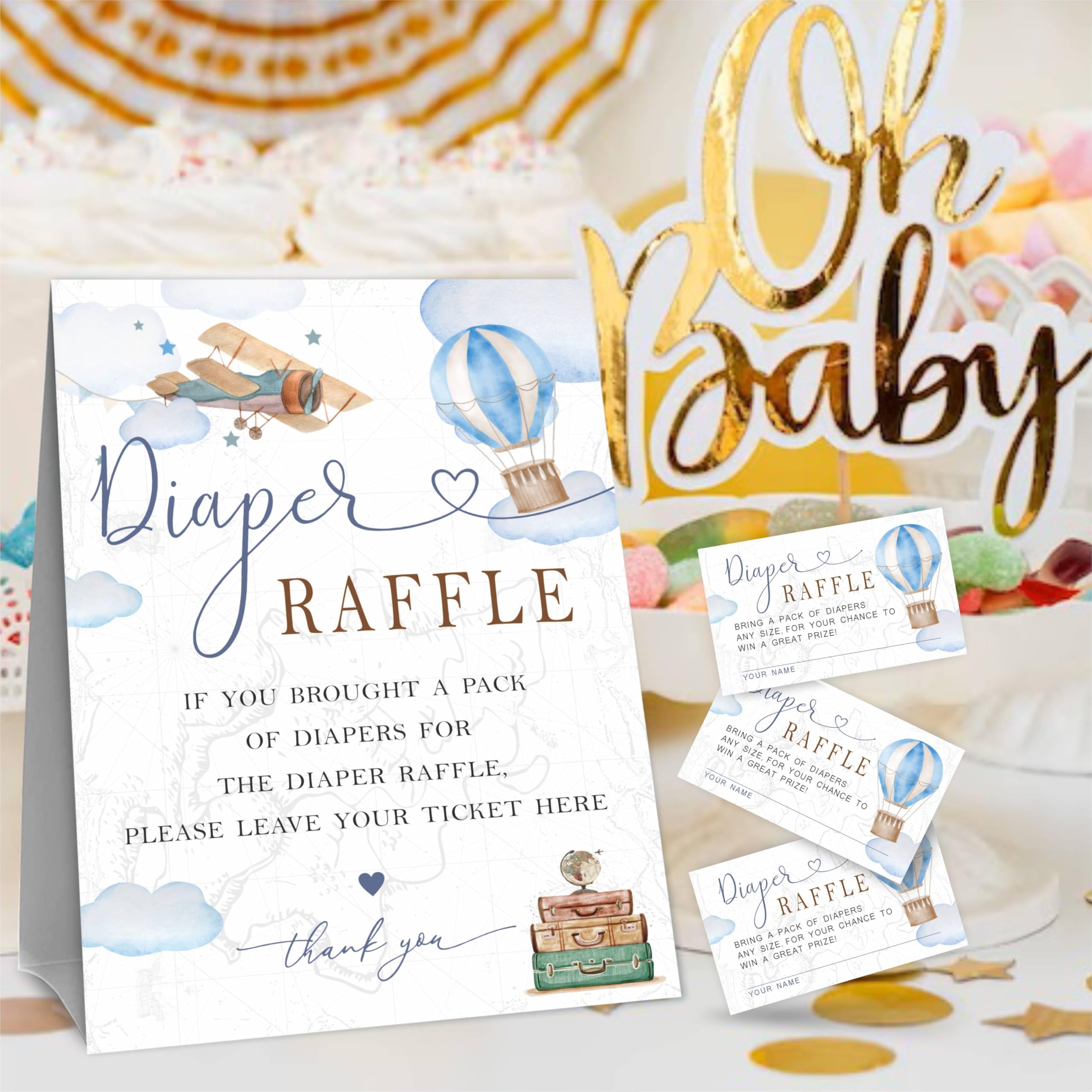 Baby Shower Diaper Raffle Game Kit – Airplane & Hot Air Balloon Design, Includes 50 Tickets & 1 Standing Sign, 5x7 Inch - View #7