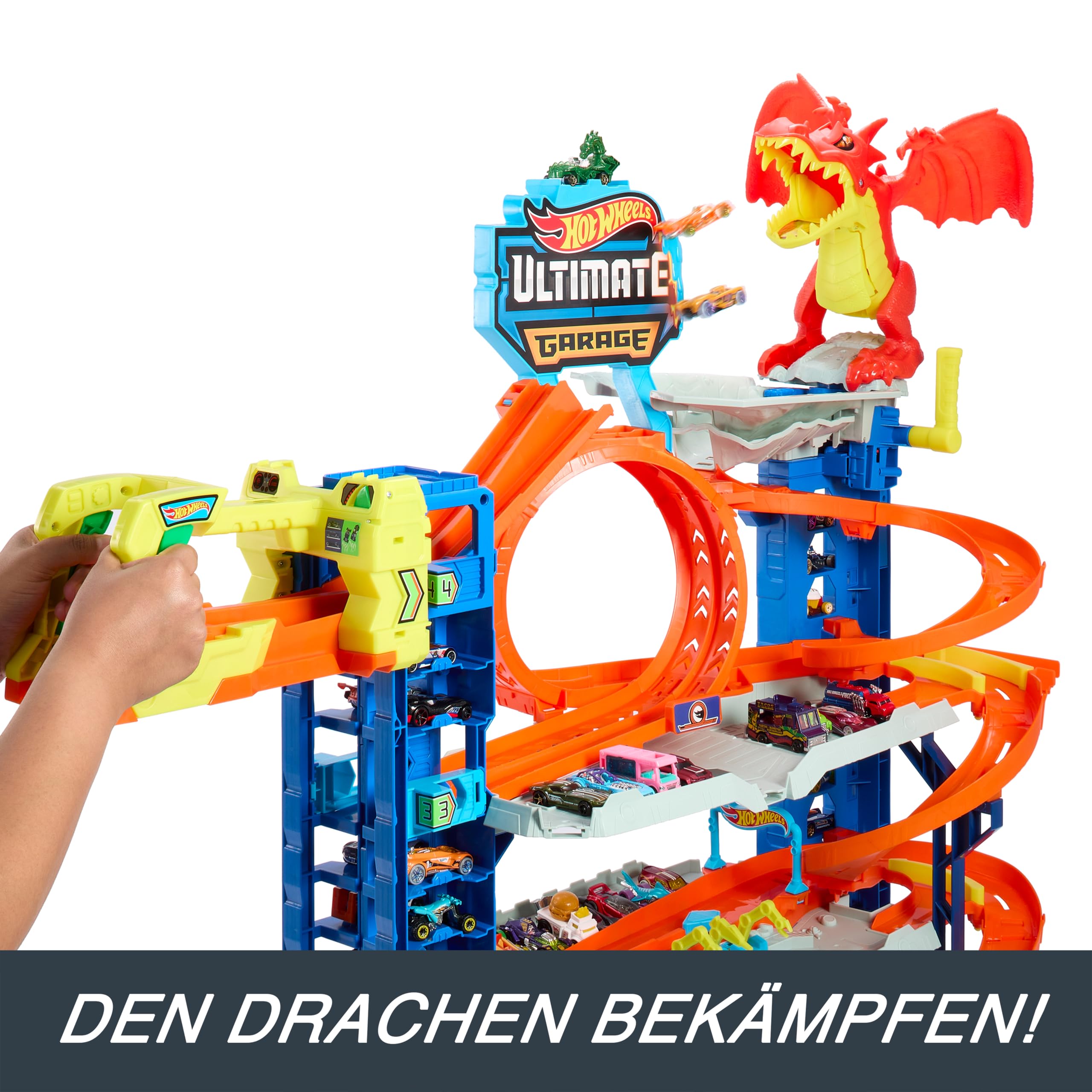 Hot Wheels Let's Race Netflix - Ultimative Garage - Mehrere Ebenen Parkgarage, 3ft hoch, mit 2 Die-Cast-Autos, ab 5 Jahren, Rennspaß, Stunt-Abenteuer, Drachenkampf, Autowaschanlage, Fahrstuhl, HKX48