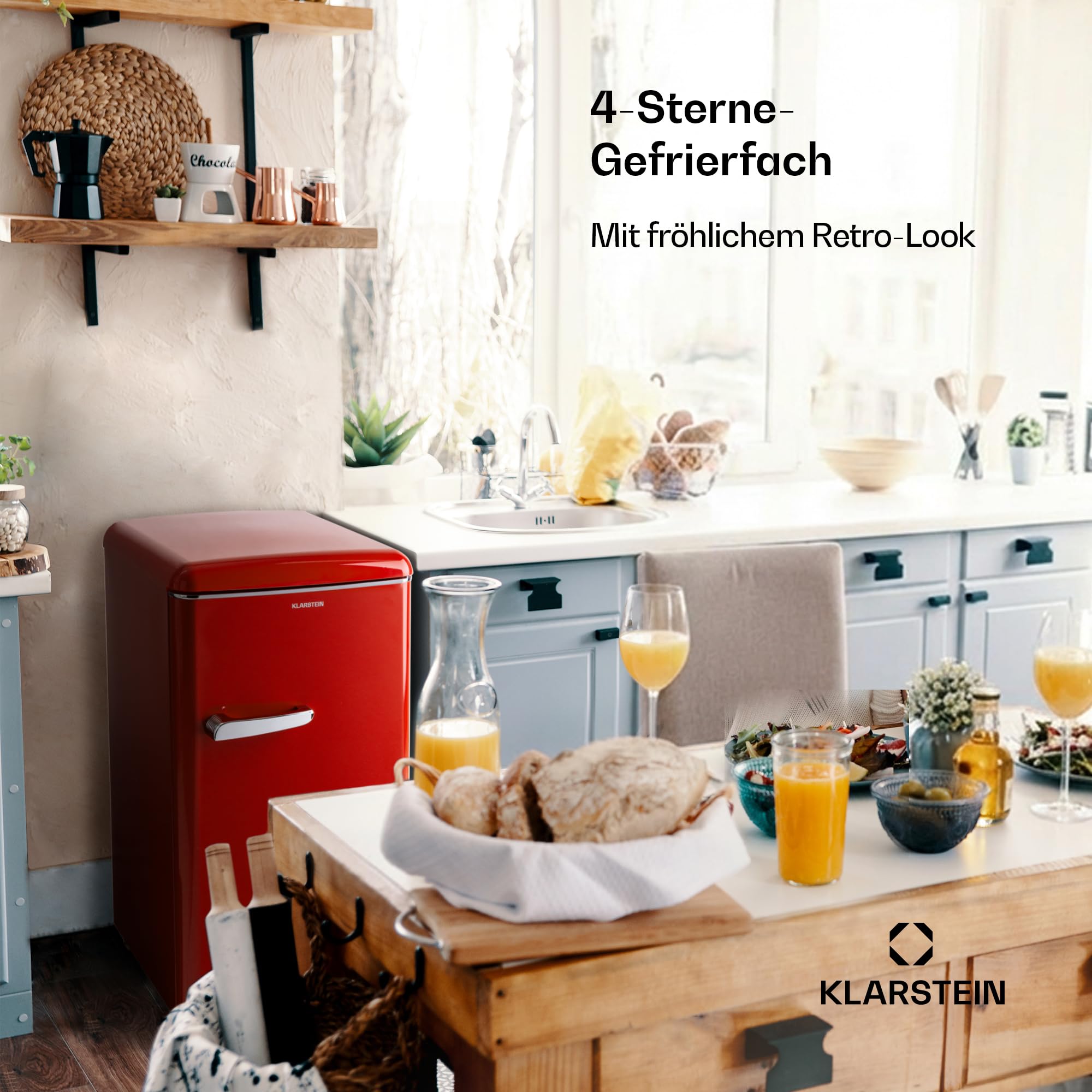 Klarstein Laika Gefrierschrank - 60 Liter Gesamtvolumen, Thermostat mit 5 Stufen, 0 bis -18 °C, 3 Einschübe, freistehend, Retro-Design, rot