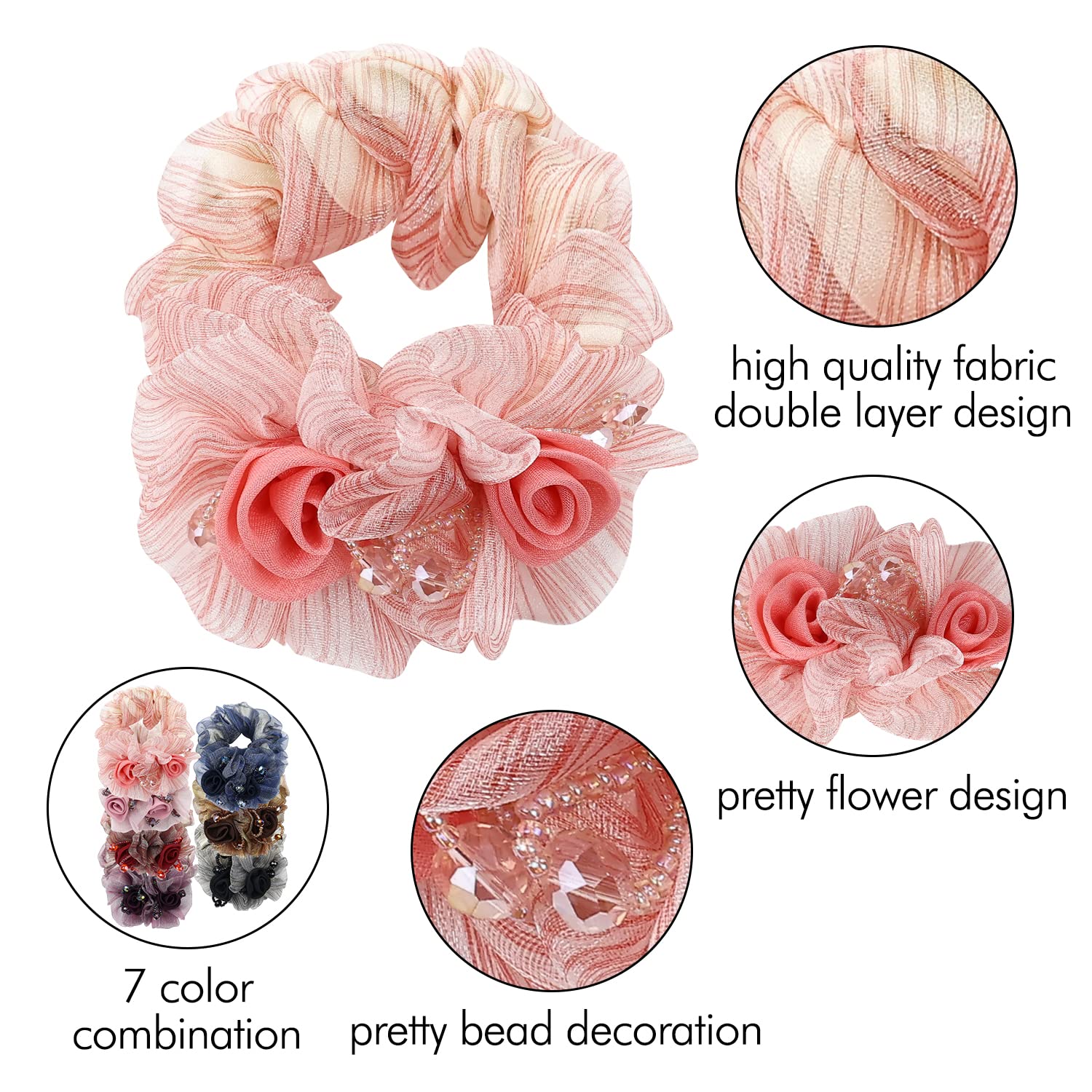 inSowni Paquete de 7 coleteros elásticos de encaje con perlas de cristal con purpurina y rosas para el cabello, bandas elásticas de goma, diademas para coletas de caballo, accesorios florales para