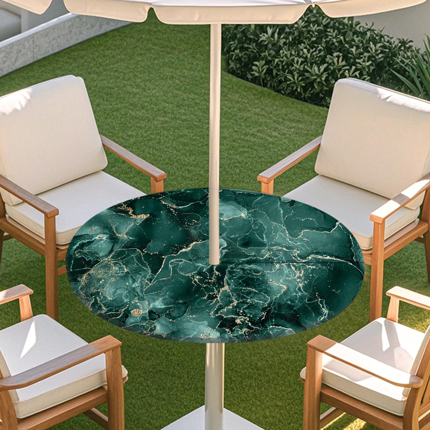 ENEN Outdoor Round Table Cloth, Wipe Clean Tablecloth with Parasol Hole and Zipper, Marble Print Waterproof Tablecloth with Elastic Edge for Garden BBQ Party (Dark Cyan,S:79-89cm)