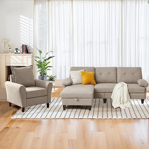 Miniatura 15 de Juego de 2 Piezas de Sofá Seccional Convertible para Sala de Estar, Sofá en Forma de L de 79" de 3 Asientos con Otomana de Almacenamiento y Silla