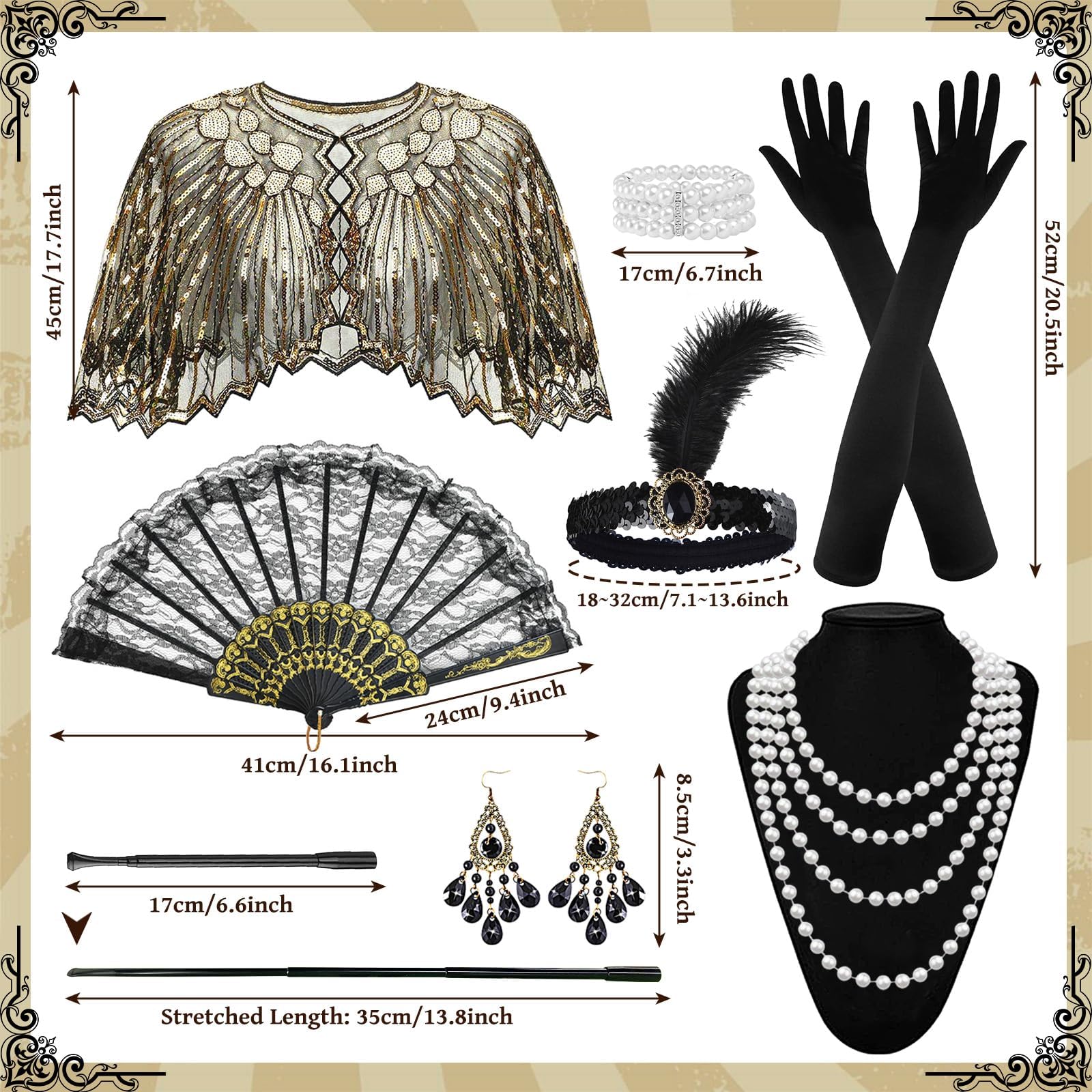 9 Stück 20er Jahre Kostüm Accessoire, 1920er Gatsby Kostüm Damen Charleston Flapper Kleid mit Schal Federstirnband Handschuhen Perlenkette Ohrringen Spitzenfächer Armband Vintage Karneval Party