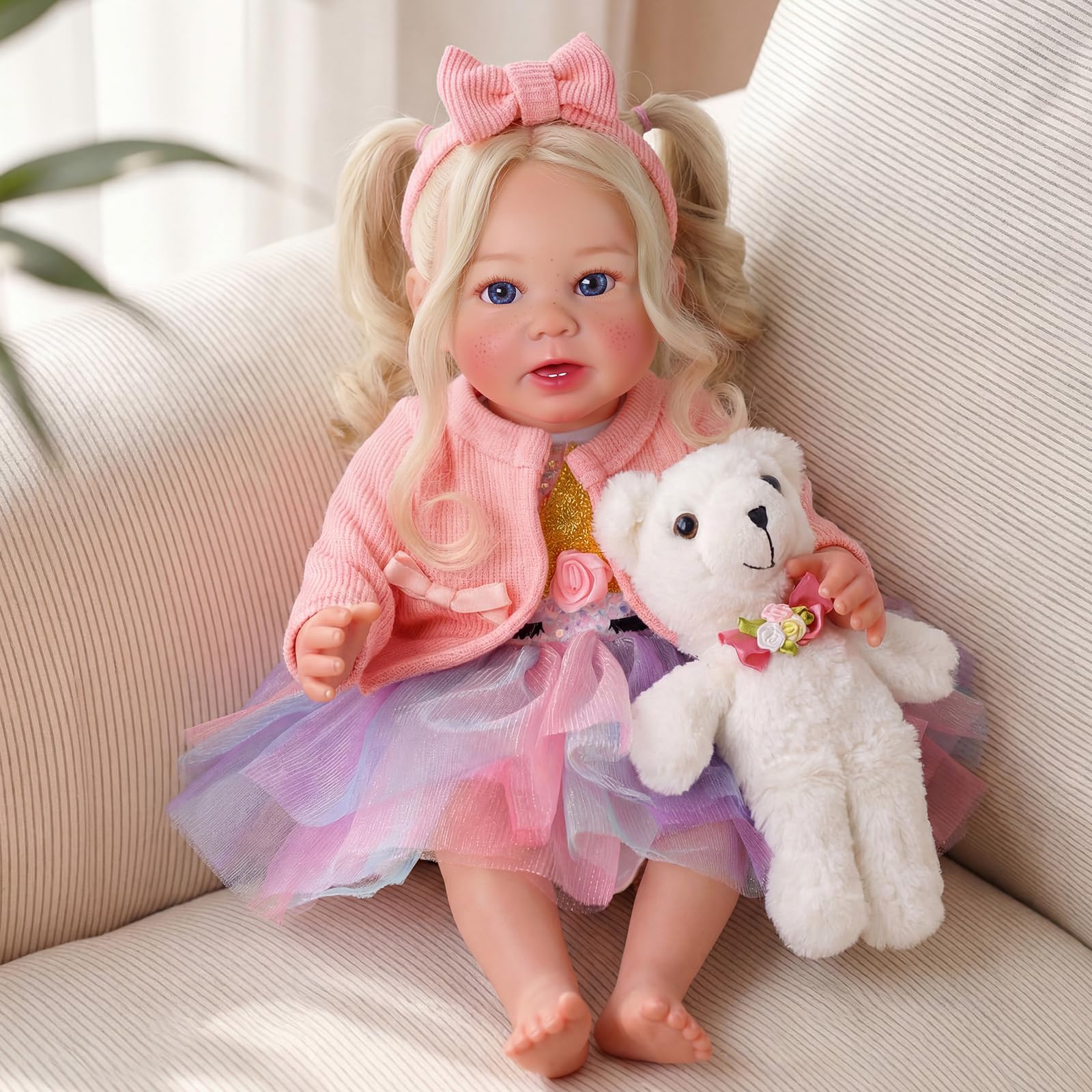 BABESIDE Reborn Baby - 17 Zoll Handgemachte Lebensechte Puppe mit Langen Grauen Haaren - Realistische Babypuppen Mädchen mit Spielzeugzubehör für Kinder Ab 3 Jahren