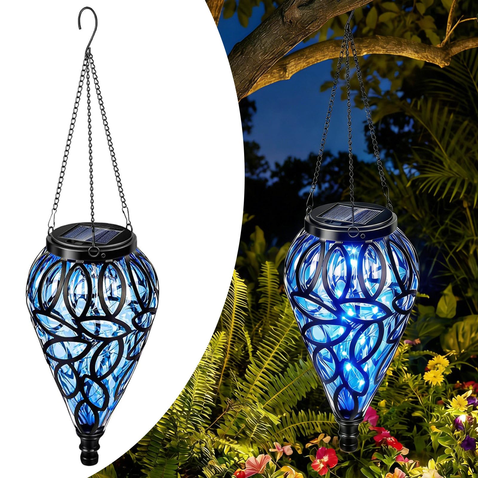 Solar Chandelier Outdoor Garden - Waterproof Teardrop Hanging Solar Lantern with 20 LED Lights, Blue Decorative Metal Solar Powered Lights for Patio, Balcony, Yard, Pathway and Gazebo Decoration