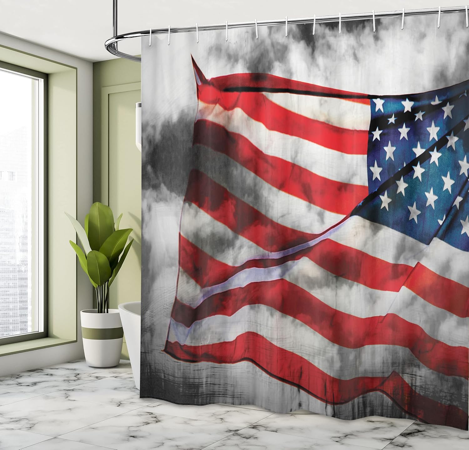 Ambesonne American Flag Shower Curtain, Banner in The Sky on Cloudy Mist Display National Proud of Heritage, Cloth Fabric Bathroom Decor Set with Hooks, 69" W x 75" L, Grey Red Blue