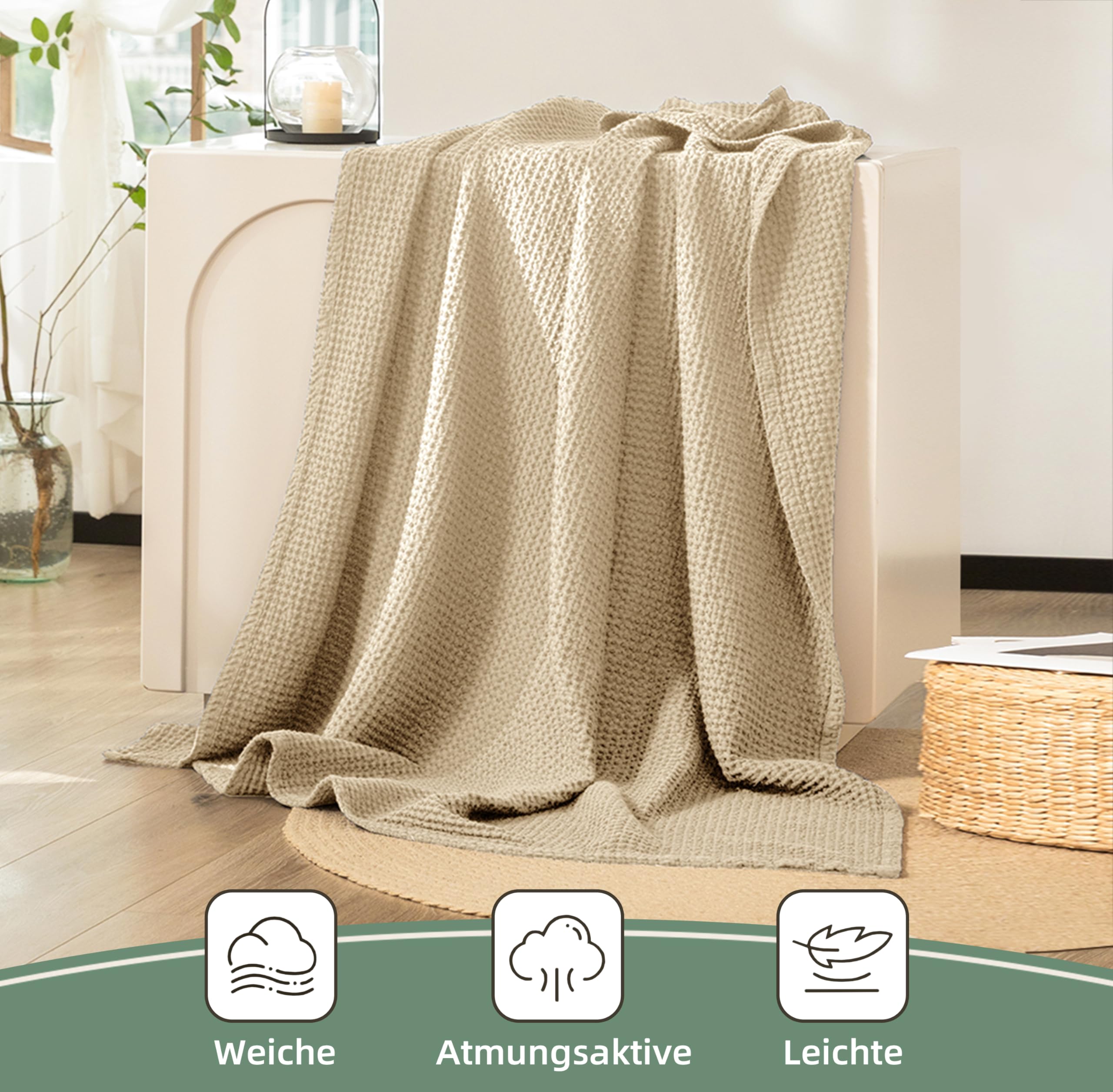 CHUFFED Manta 100% algodón 220 x 240 cm, suave y transpirable, manta ligera como manta de sofá, manta suave y acogedora para salón, sofá o sofá beige