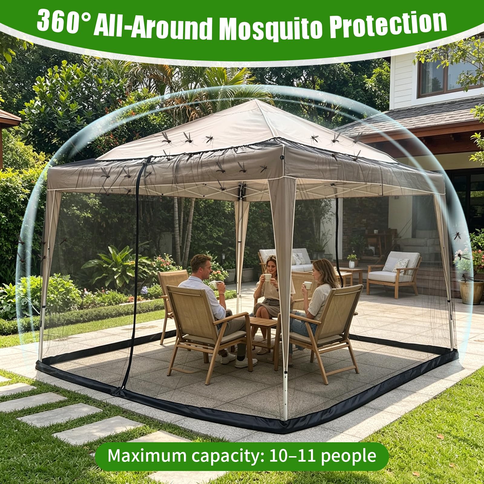 Moustiquaire pour tonnelle - 3 x 3 m - Noir - Filet anti-insectes - 2 fermetures éclair - Réglable - Maille fine - Pied rempli d'eau - Pour jardin, patio, cour, camping